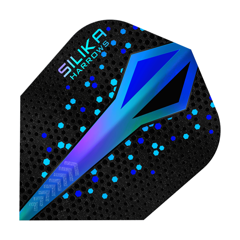 Rivestimento cristallino resistente Harrows Silika Colourshift Blue No6 Flights Das Bild zeigt einen Harrows Silika Colourshift Tough Crystalline Coating Blue No6 Flight. Das Design ist schwarz mit blauen und türkisfarbenen Akzenten und einem schimmernden Muster.