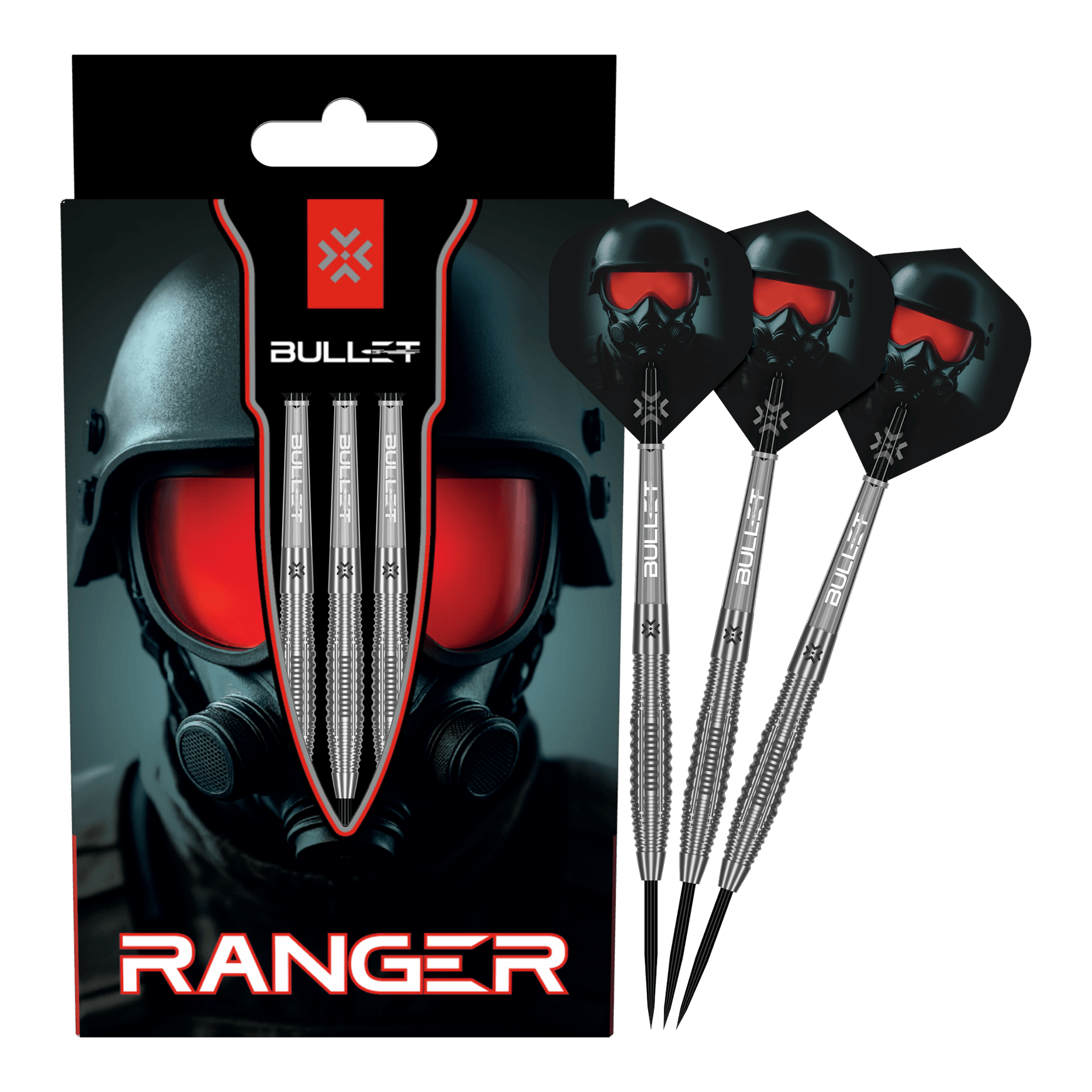 Freccette in acciaio Bullet Ranger Auf dem Bild ist das vollständige Set der Bullet Ranger Steeldarts zu sehen. Die Steeldarts werden für Präzisionswürfe verwendet.