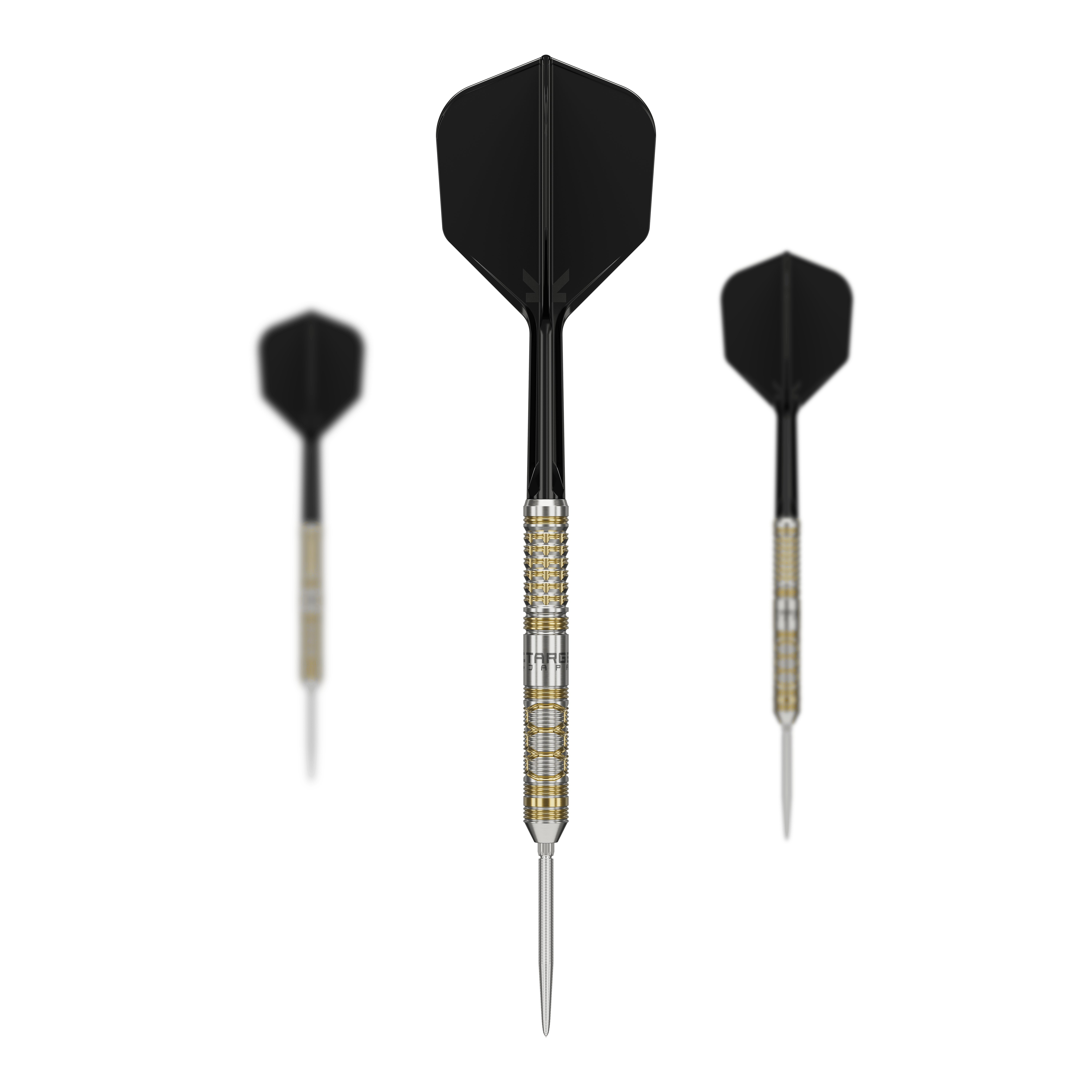 Freccette in acciaio Target Japan Black Marque Reyn GEN2 Das Bild zeigt drei Target Japan Black Marque Reyn GEN2 Steeldarts mit schwarzen Flights. Die Dartpfeile haben einen silbernen und goldenen Griffbereich sowie lange, spitze Spitzen.