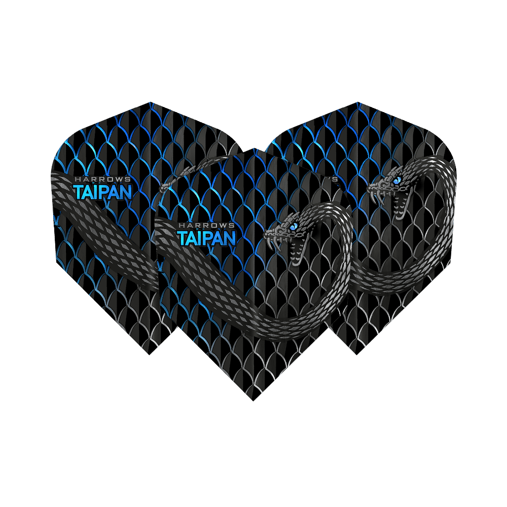 HR26_Harrows_Taipan_Aqua_Standard_Flights_1sY67qqWwKgomJ Das Bild zeigt die Harrows Taipan Standard Flights. Die Flights sind schwarz mit einem Schuppenmuster und einer Schlangengrafik gestaltet.
