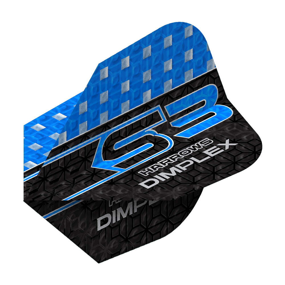 Voli Harrows Dimplex S3 - Blu Das Bild zeigt ein Harrows Dimplex S3 Flight in Blau. Das Flight hat ein blau-schwarzes Design mit silbernen Akzenten und der Aufschrift "S3 Harrows Dimplex".