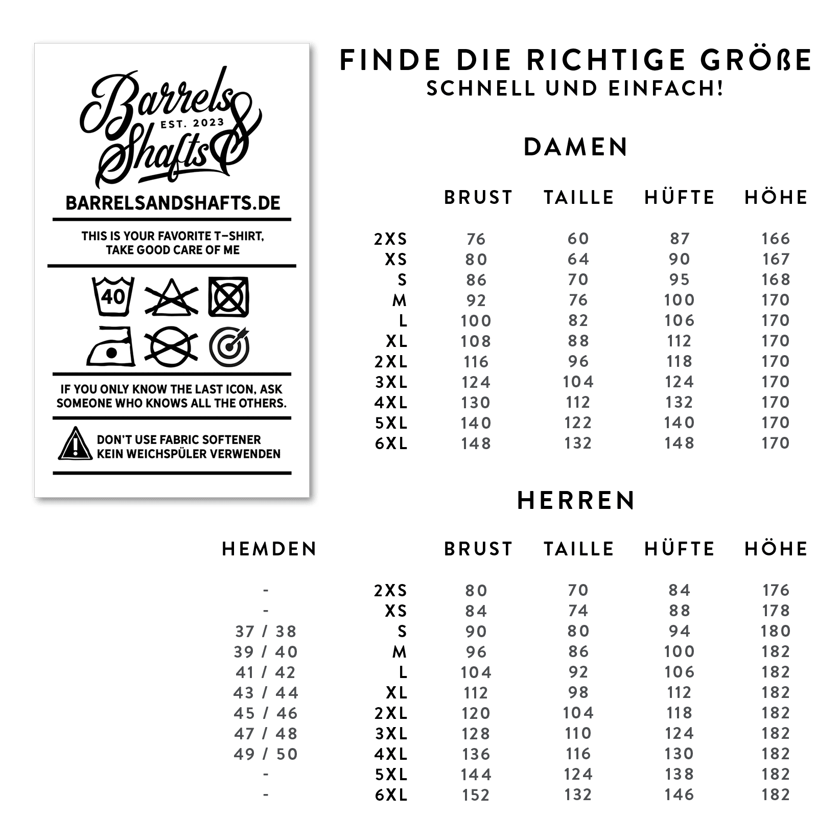 Felpa con cappuccio Barili e Alberi - Nera Das Bild zeigt die Größentabelle für das Produkt "Barrels and Shafts Hoodie - Schwarz" für Damen und Herren. Links sind außerdem Pflegehinweise für das Produkt abgebildet.