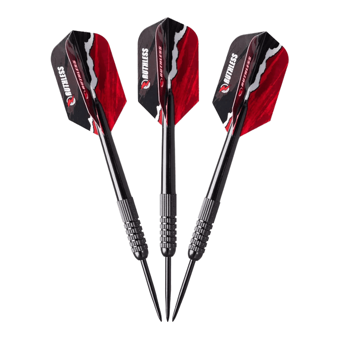 Set di freccette da tavolo Ruthless Mini Das Bild zeigt drei Darts aus dem Ruthless Mini Desktop Dartboard Set. Die Darts haben schwarze Spitzen und auffällige schwarz-rote Flights.