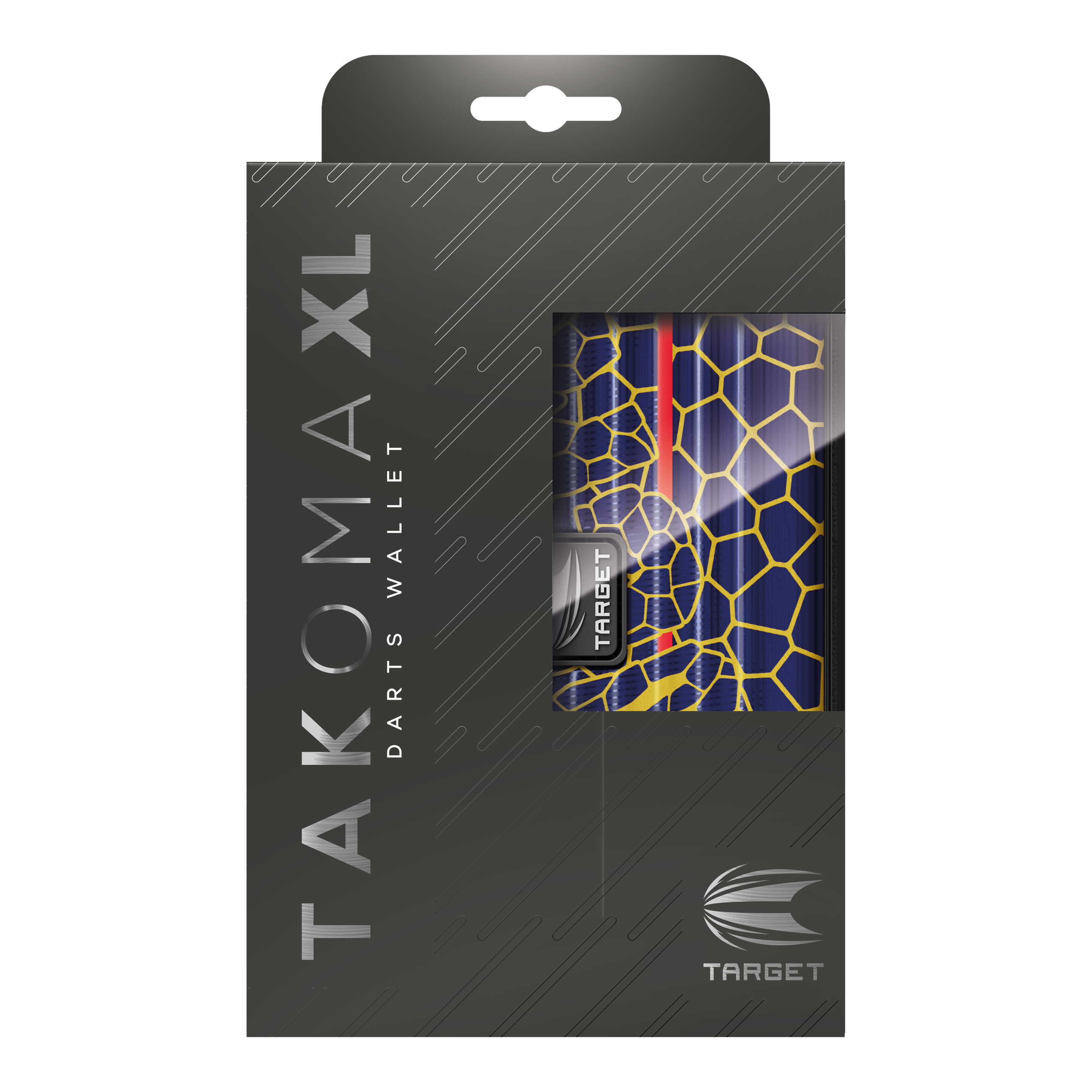 Custodia per freccette Target Takoma Josh Rock XL Das Bild zeigt die Verpackung des Produkts "Target Takoma Josh Rock XL Dartcase". Das Dartcase ist teilweise durch ein Fenster in der Verpackung sichtbar und hat ein buntes, grafisches Design.