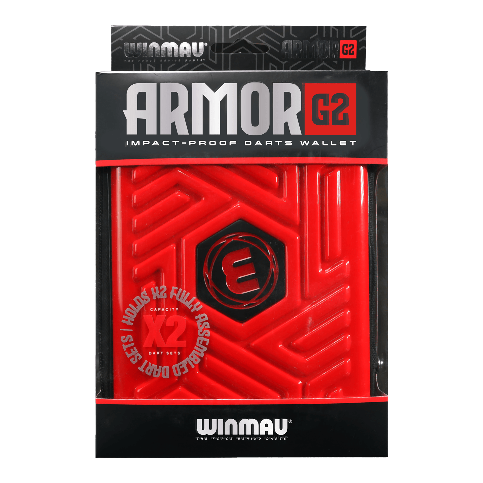 Portafoglio per freccette Winmau Armor G2 Das Bild zeigt eine rote, stoßfeste Darttasche der Marke Winmau namens "Armor G2". Die Verpackung informiert, dass sie zwei vollständig montierte Dart-Sets aufnehmen kann.