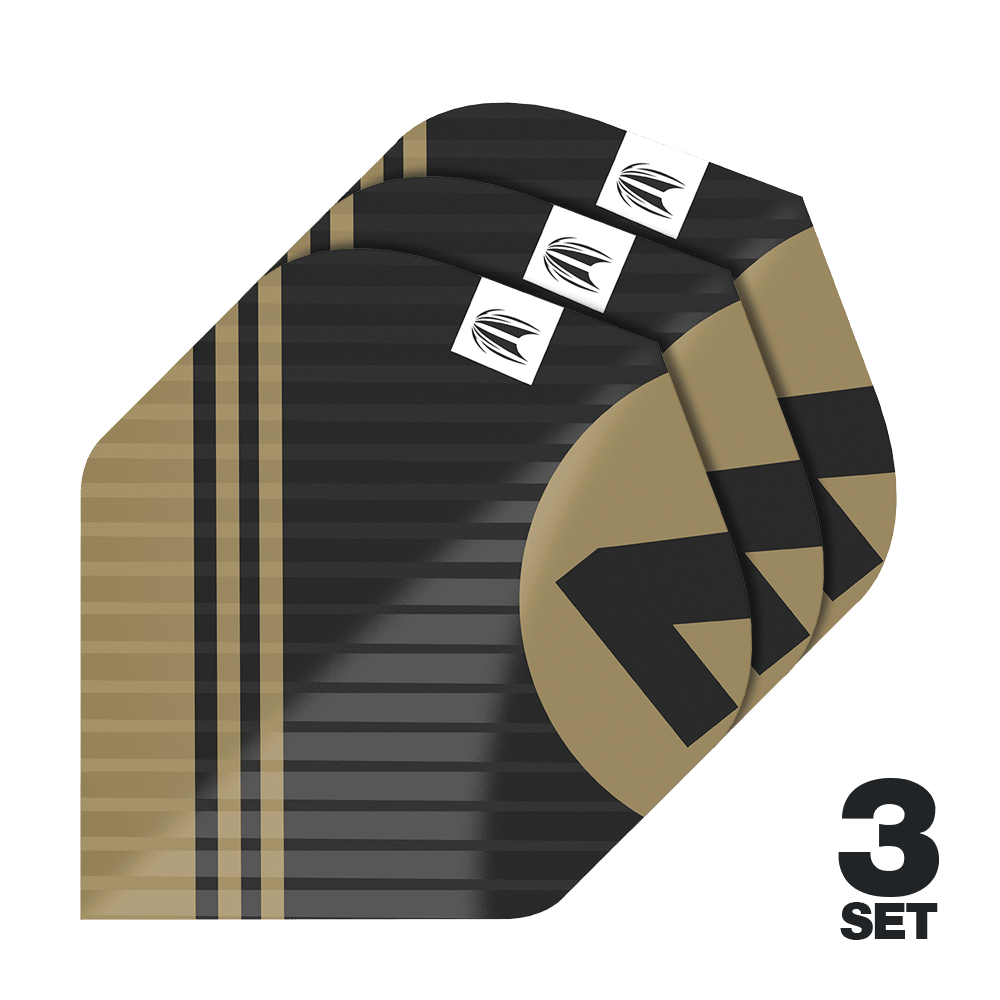 Target Pro Ultra Chicane Nero No2 Alette Standard - 3 Set Das Bild zeigt drei Sätze von Target Pro Ultra Chicane Black No2 Standard Flights. Die Flights sind schwarz-gold gestreift und besitzen ein modernes Design mit einem weißen Logo.