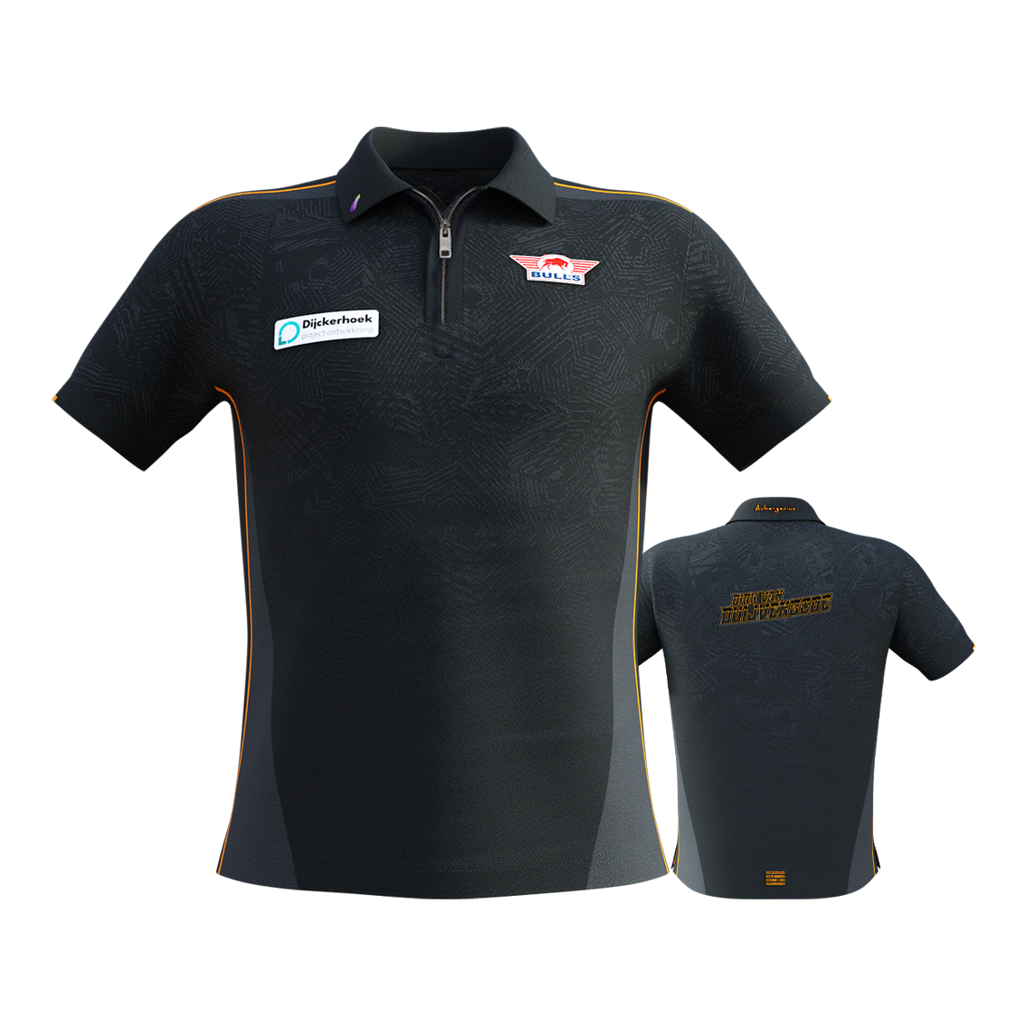 Maglia gara Bulls NL Dirk Van Duijvenbode 2025 Das Bild zeigt das "Bulls NL Dirk Van Duijvenbode Matchshirt 2025" in dunklem Design mit dezenten Mustern und orangenen Akzenten. Auf der Vorderseite sind Logos und Sponsoren zu sehen, während auf der Rückseite der Name "Dirk van Duijvenbode" steht.