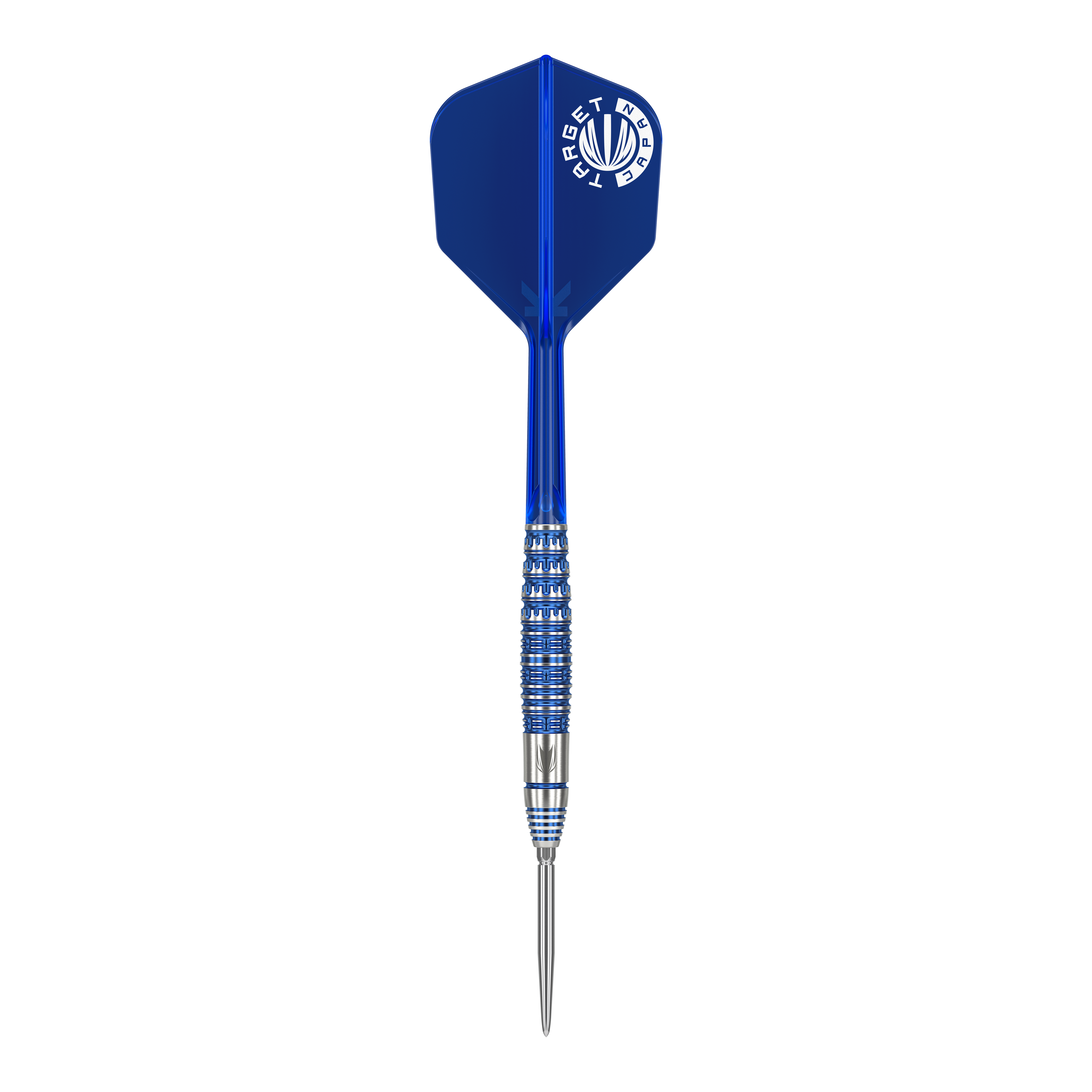 Auf dem Bild ist ein Steeldart der Marke Target Japan Toru Suzuki Sereno GEN1 Swiss Point mit 21g Gewicht zu sehen. Der Dart hat eine blaue Flight und einen silber-blauen Schaft mit feinen Rillen.