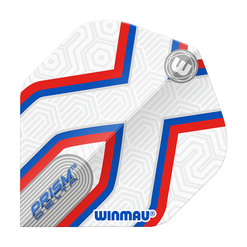 Voli standard Winmau Prism Delta Epix No2 Das Bild zeigt ein Winmau Prism Delta Epix No2 Standard Flights Dartflugblatt. Es ist weiß mit roten und blauen Linien und dezentem geometrischem Muster gestaltet.