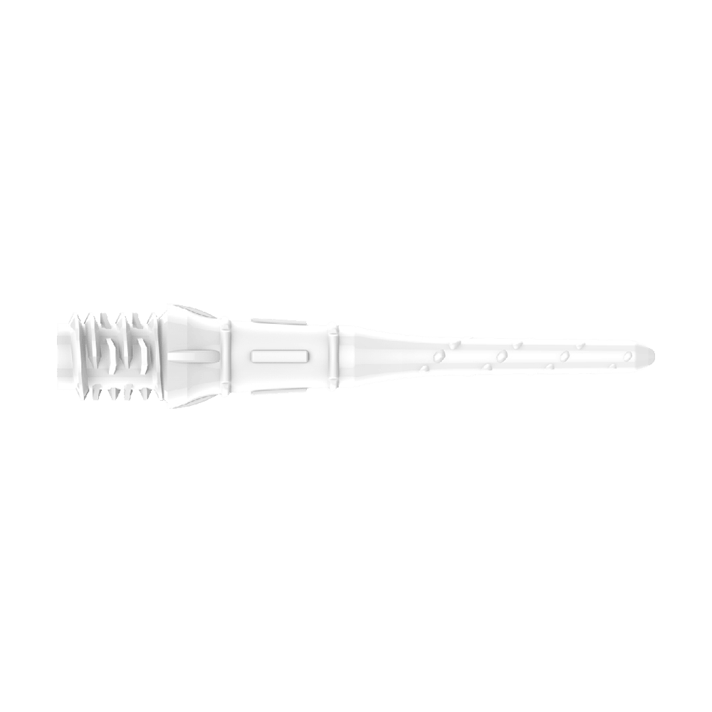 Lippoint Premium (confezione da 30) - Suggerimenti Das Bild zeigt eine weiße Dartspitze mit feinen Rillen und Details. Sie ist lang und besteht aus Kunststoff.