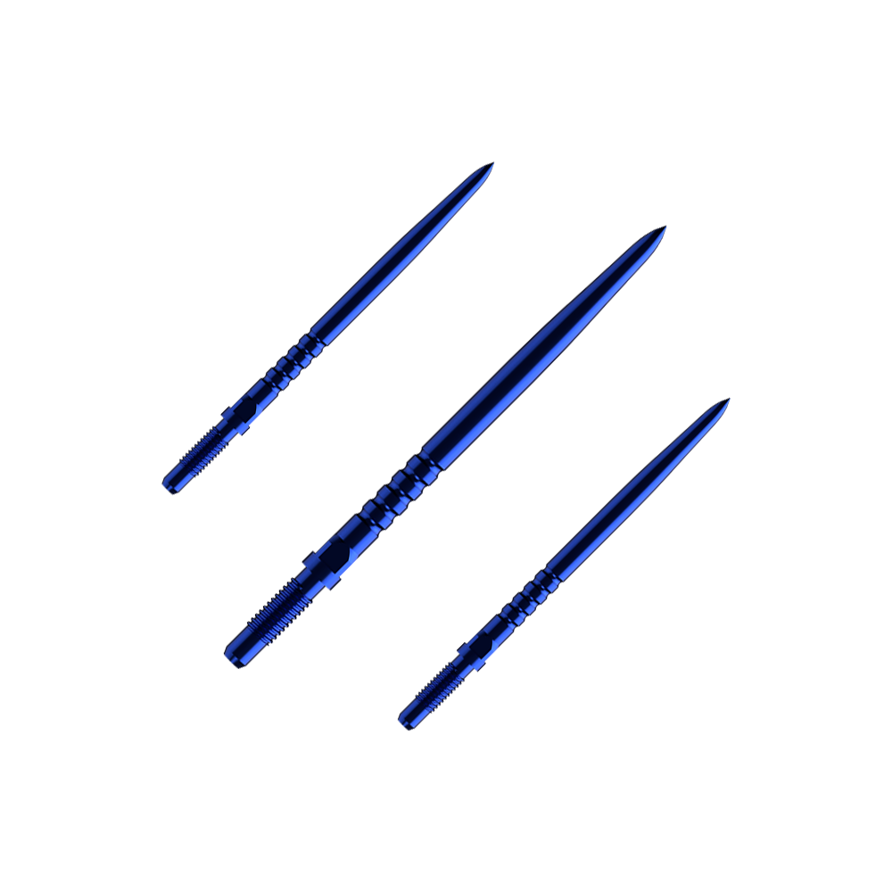 Punte per freccette convertibili Bulls NL - Impugnatura ad anelli - Blu Hier sieht man ein Set aus mehreren RingedGrip Convertible Points in Blau, 32mm lang. Es sind Ersatzspitzen für Dartpfeile.