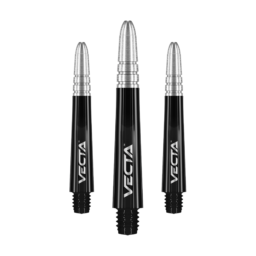 Winmau Vecta Shafts - Schwarz Silber Auf dem Bild sind drei schwarze und silberne Dartschäfte mit der Aufschrift "VECTA" zu sehen. Sie stehen aufrecht und sind unterschiedlich lang.