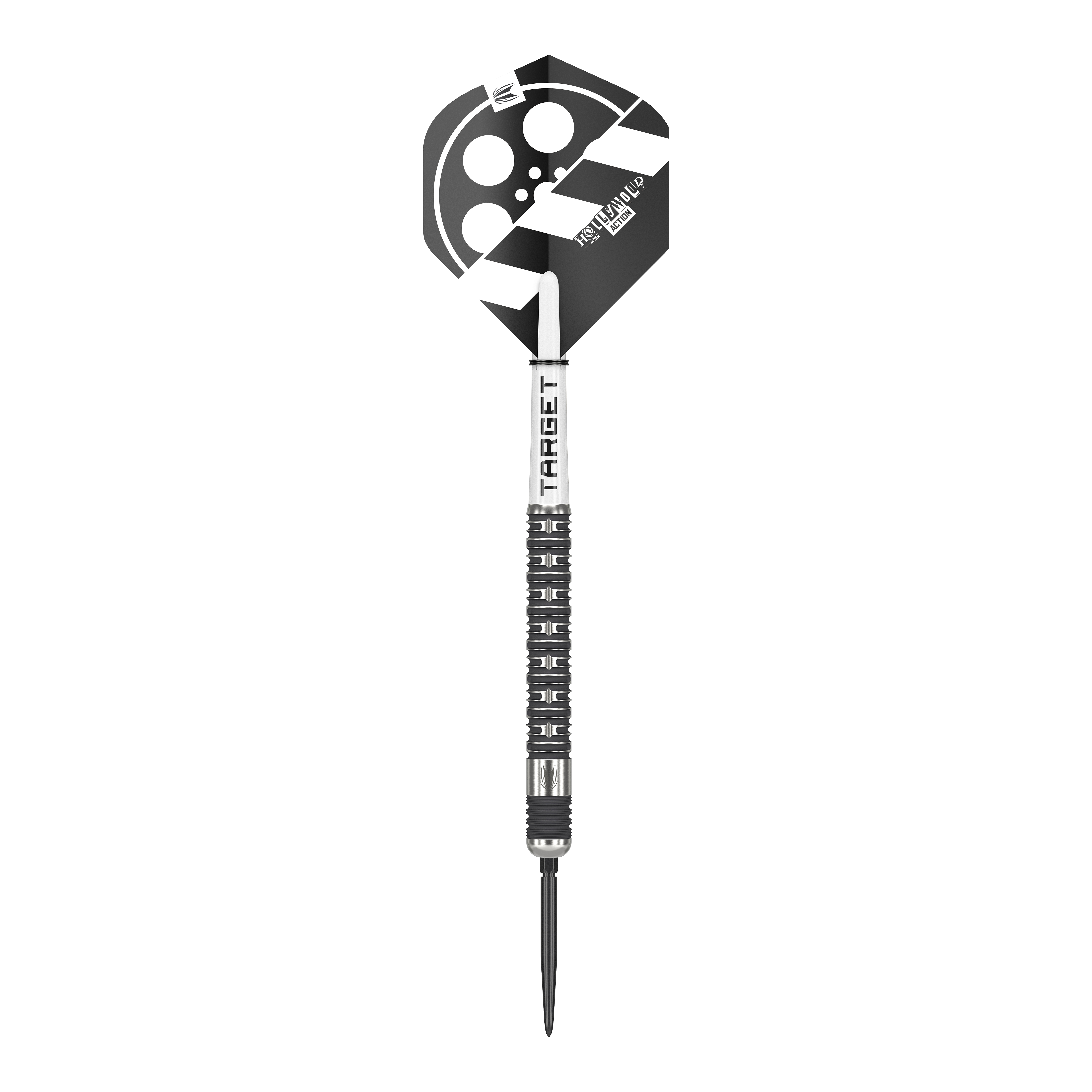 Freccette in acciaio Target Chris Dobey Hollywood Action Swiss Point Das Bild zeigt einen Steeldartpfeil mit dem Namen "Target Chris Dobey Hollywood Action Swiss Point". Der Dart hat ein schwarz-weißes Design mit einem Filmklappen-Motiv auf dem Flight.