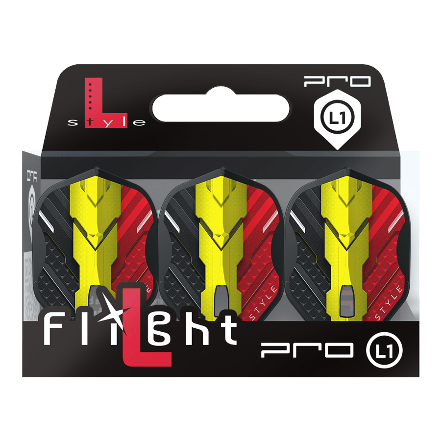 Alette L-Style V-Series V1 Type C Belgium Black L1PRO Das Bild zeigt eine Packung mit drei Dart-Flights der Marke L-Style, Modell V-Series V1 Type C Belgium Black L1PRO. Die Flights haben ein Design in den Farben Schwarz, Rot und Gelb, inspiriert von der belgischen Flagge.
