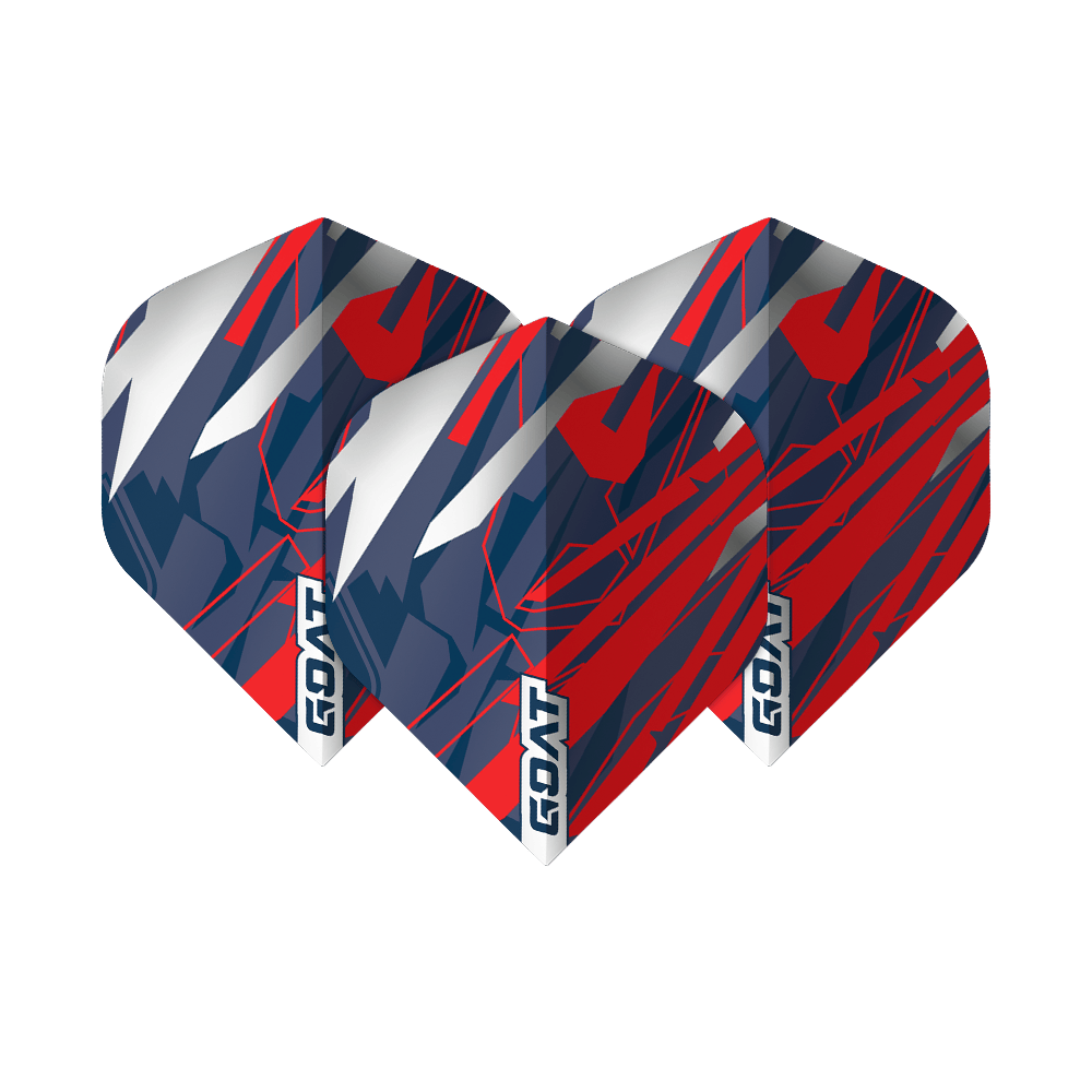 GOAT Homerun No2 Voli Standard Das Bild zeigt drei Dart-Flights des Produkts "GOAT Homerun No2 Standard Flights". Die Flights sind in den Farben Rot, Blau und Weiß gestaltet und mit dem Schriftzug "GOAT" versehen.
