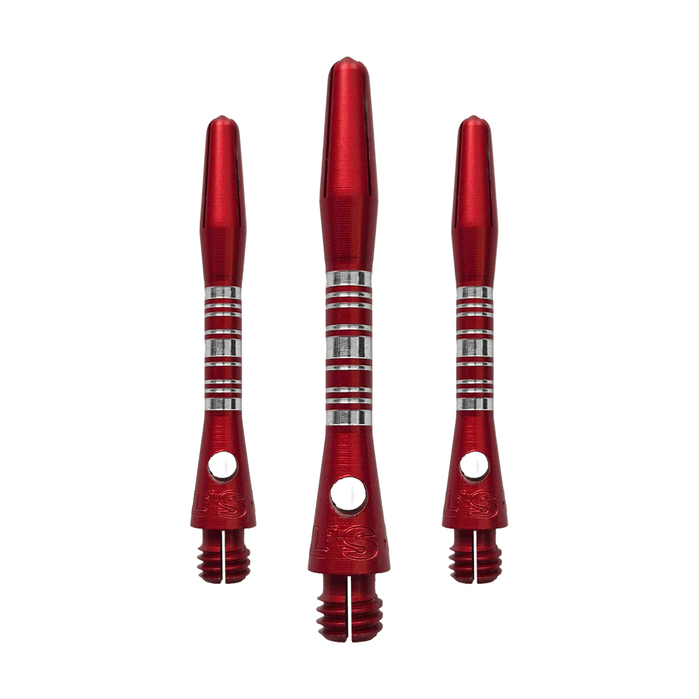Aste in alluminio Bulls NL Supra - Rosse - 34 mm Dieses Bild zeigt die Bulls NL Supra Aluminium Shafts in Rot, 34 mm lang, als Set. Die Schäfte sind robust und ideal für Dartspieler.