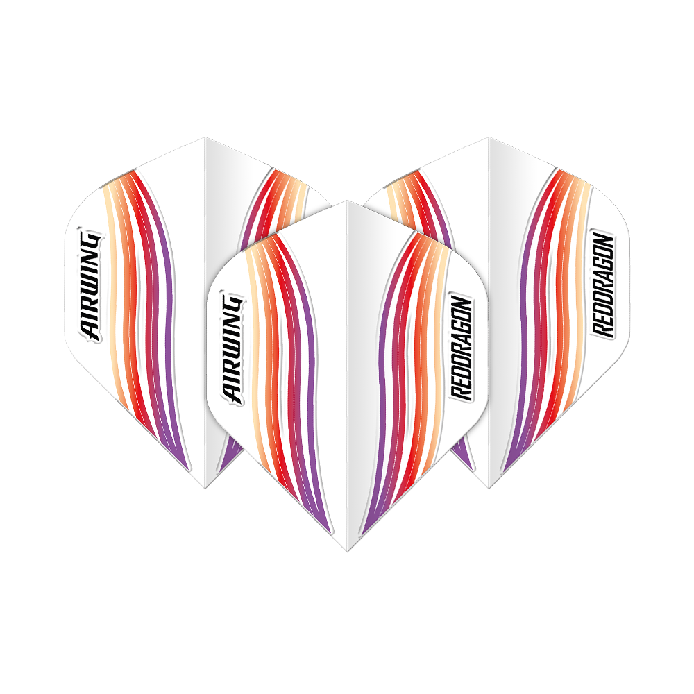 Voli standard Red Dragon Airwing Red Wave Das Bild zeigt drei Dart-Flights mit dem Namen "Red Dragon Airwing Red Wave Standard Flights". Sie sind weiß mit roten, orangen und violetten Wellenlinien und der Aufschrift "AIRWING" und "REDDRAGON".