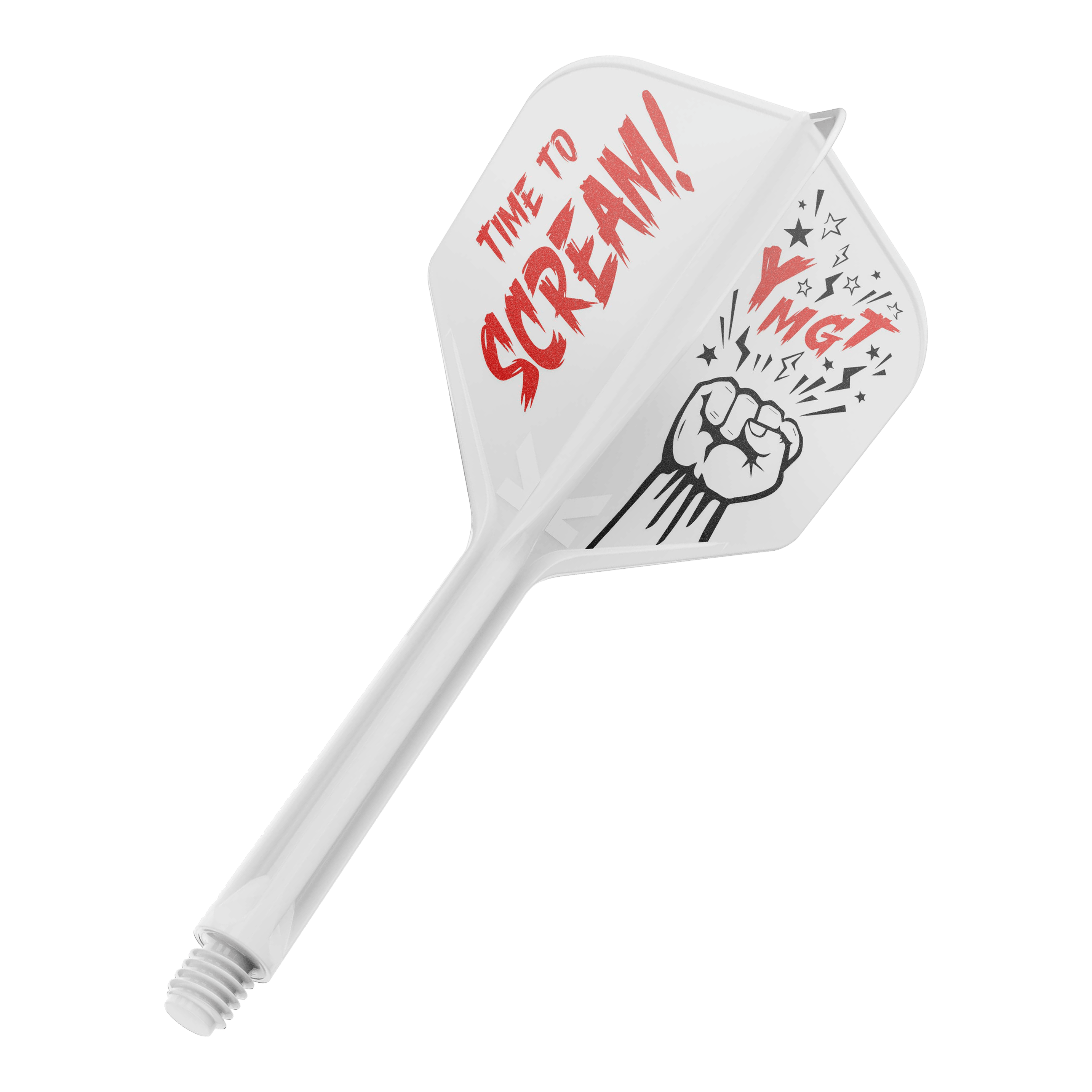 Sistema di albero di volo Target Japan K-Flex Scream No6 Auf dem Bild ist ein weißes Dartflight mit einem dazugehörigen Schaft zu sehen. Auf dem Flight steht in roten Buchstaben "TIME TO SCREAM!" und daneben ist eine Faust mit Sternen abgebildet.