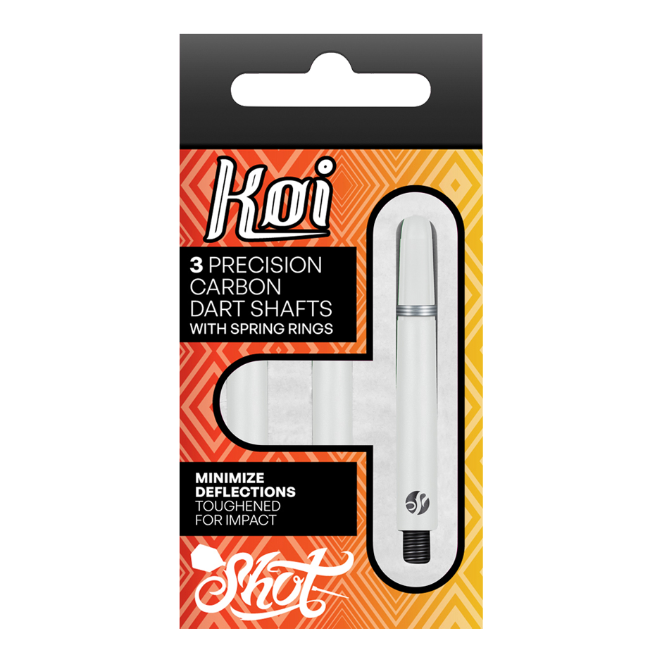 Shot Koi Carbon Shafts - Bianco Die Verpackung zeigt drei präzise Carbon-Dartschäfte mit Sprengringen der Marke Koi. Sie sind darauf ausgelegt, Ablenkungen zu minimieren und für eine hohe Schlagfestigkeit verstärkt.