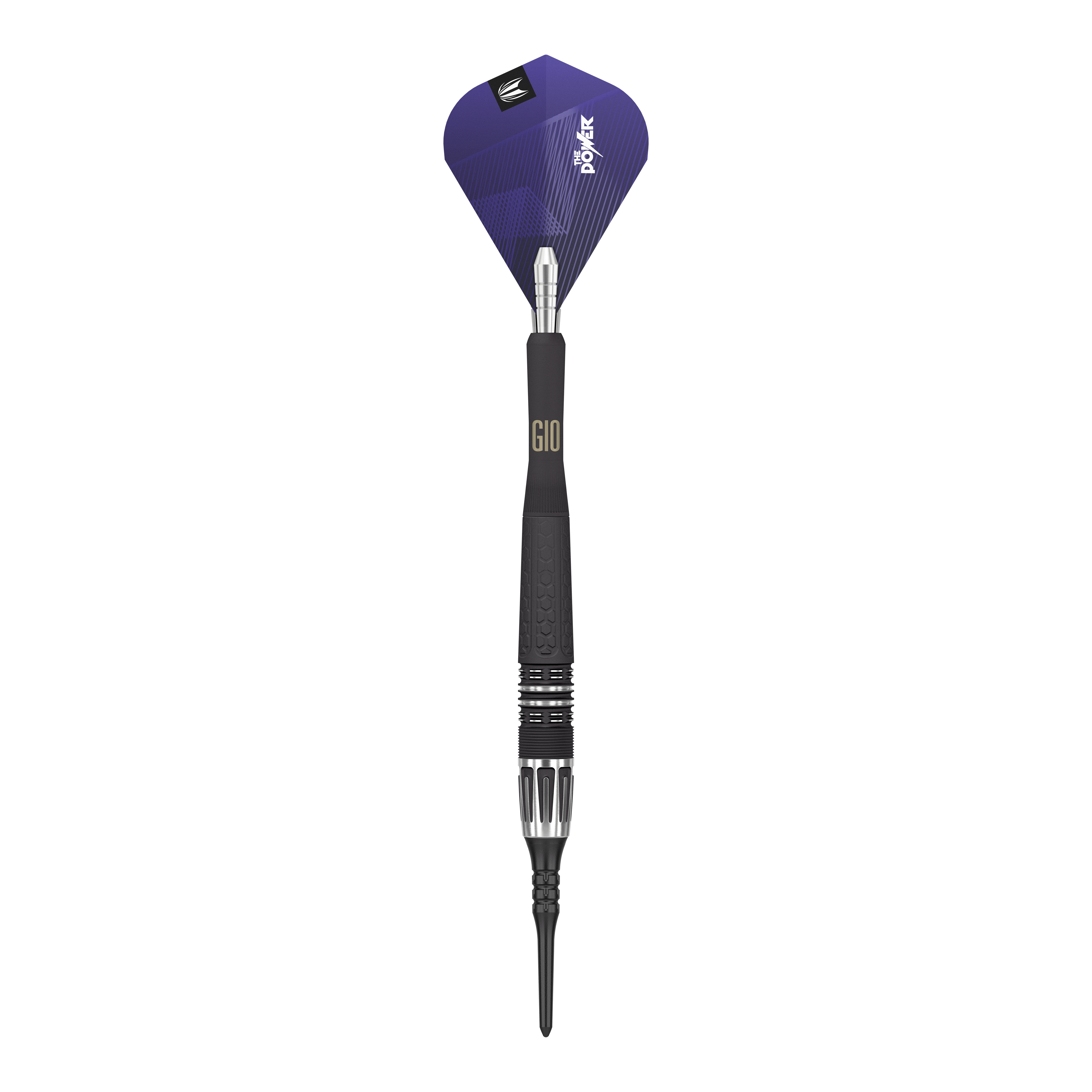 Freccette morbide Target Phil Taylor Power 9Five GEN10 Das Bild zeigt einen modernen Softdartpfeil mit einem schwarzen und silbernen Schaft. Die Dartflügel sind lila und tragen die Aufschrift "Power".