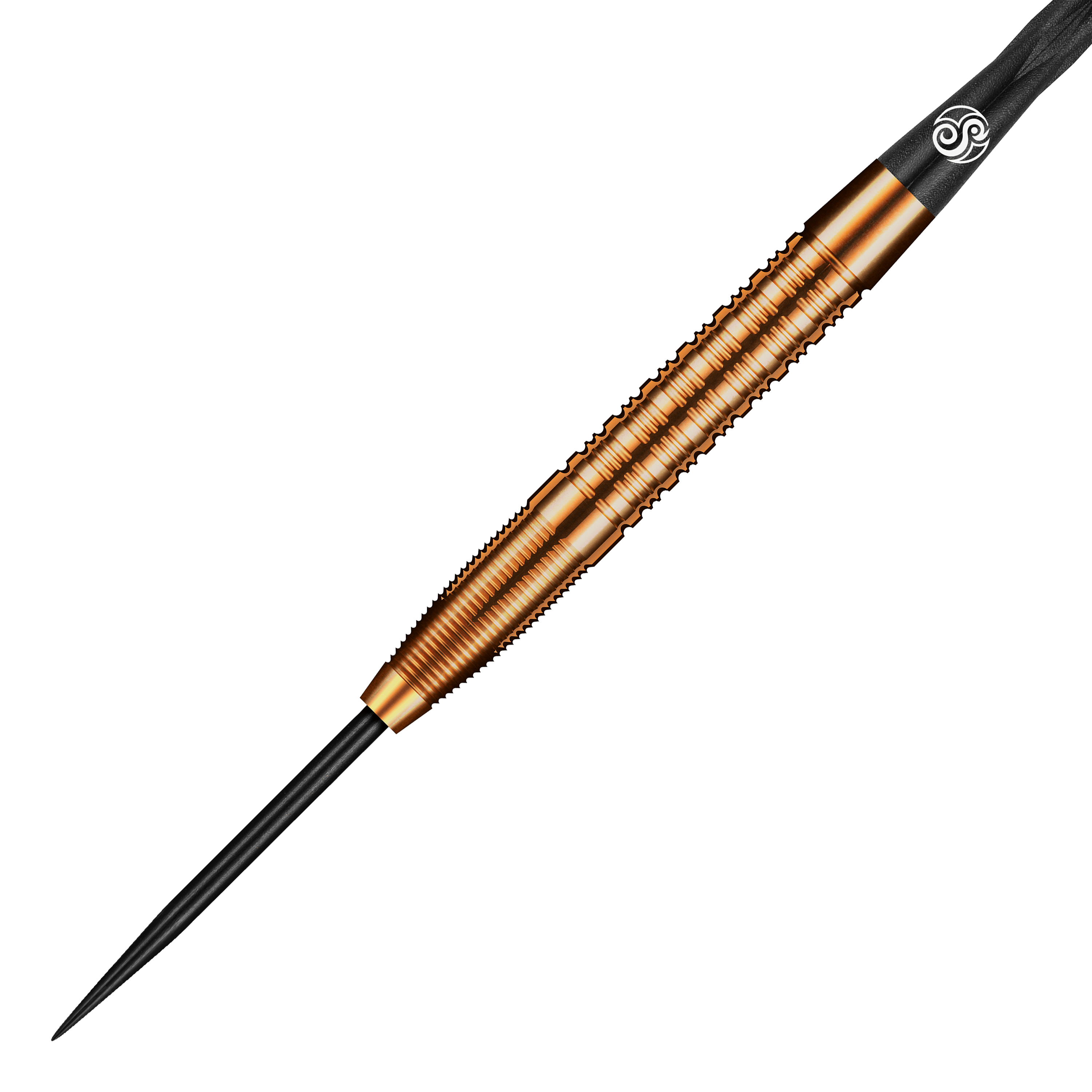 Freccette in acciaio Shot Pro Series Jake Womack - 23 g Das Bild zeigt einen Shot Pro Series Jake Womack Steeldart mit einem Gewicht von 23g. Der Dartpfeil hat ein auffälliges, bronzefarbenes Design mit feinen Rillen am Griff.
