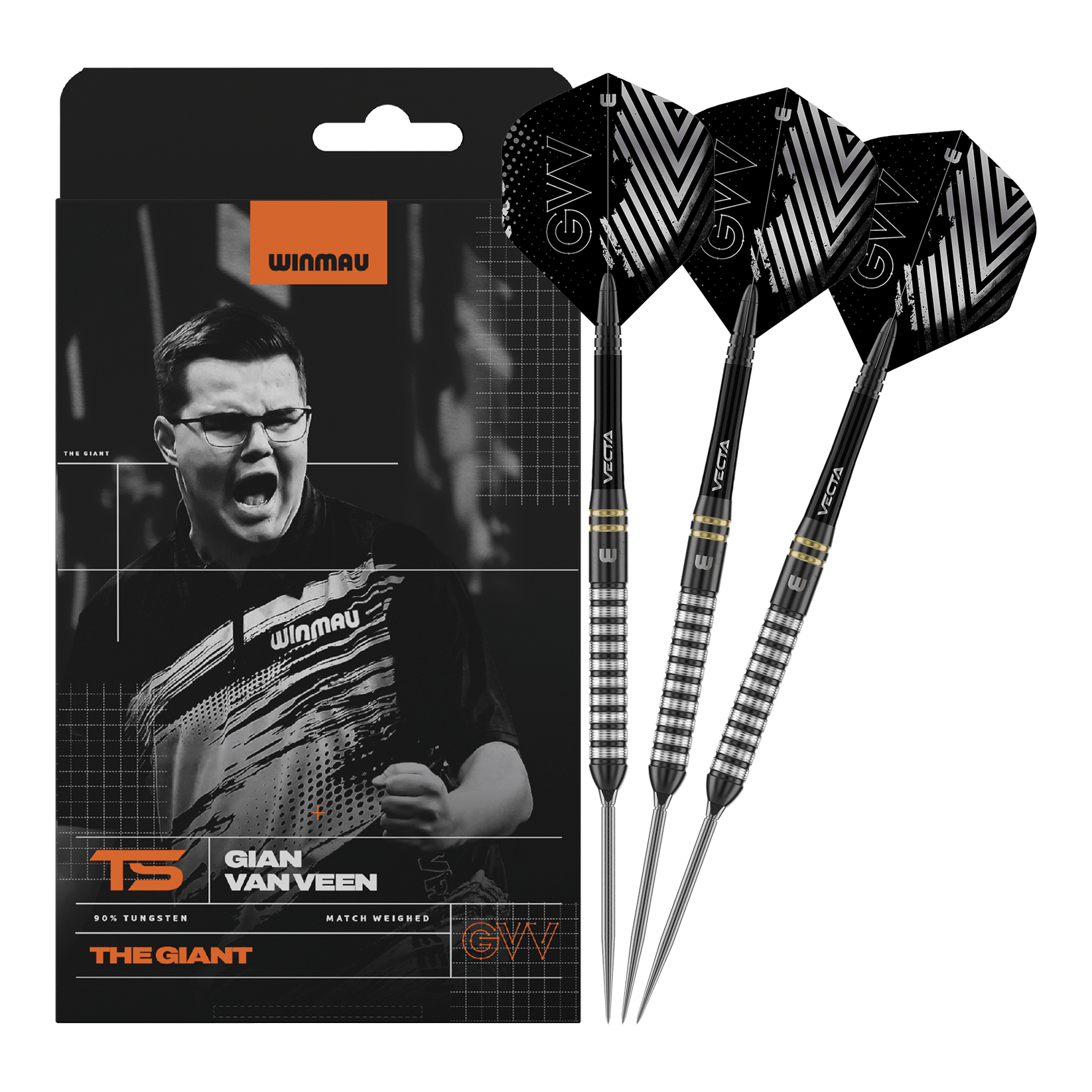 Freccette in acciaio Winmau Gian Van Veen TS Switch Point Abgebildet ist Winmau Gian Van Veen TS Switch Point Steeldarts. Die Darts sind vollständig nebeneinander dargestellt.