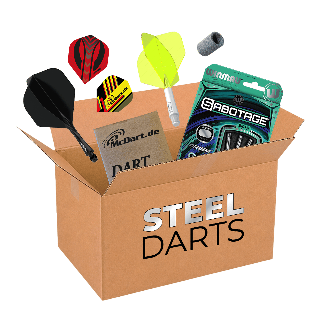 Scatola misteriosa McDart - Steeldarts Auf dem Bild befindet sich die McDart Mystery-Box - Steeldarts. Die Box beinhaltet verschiedene Steeldarts und Zubehör.