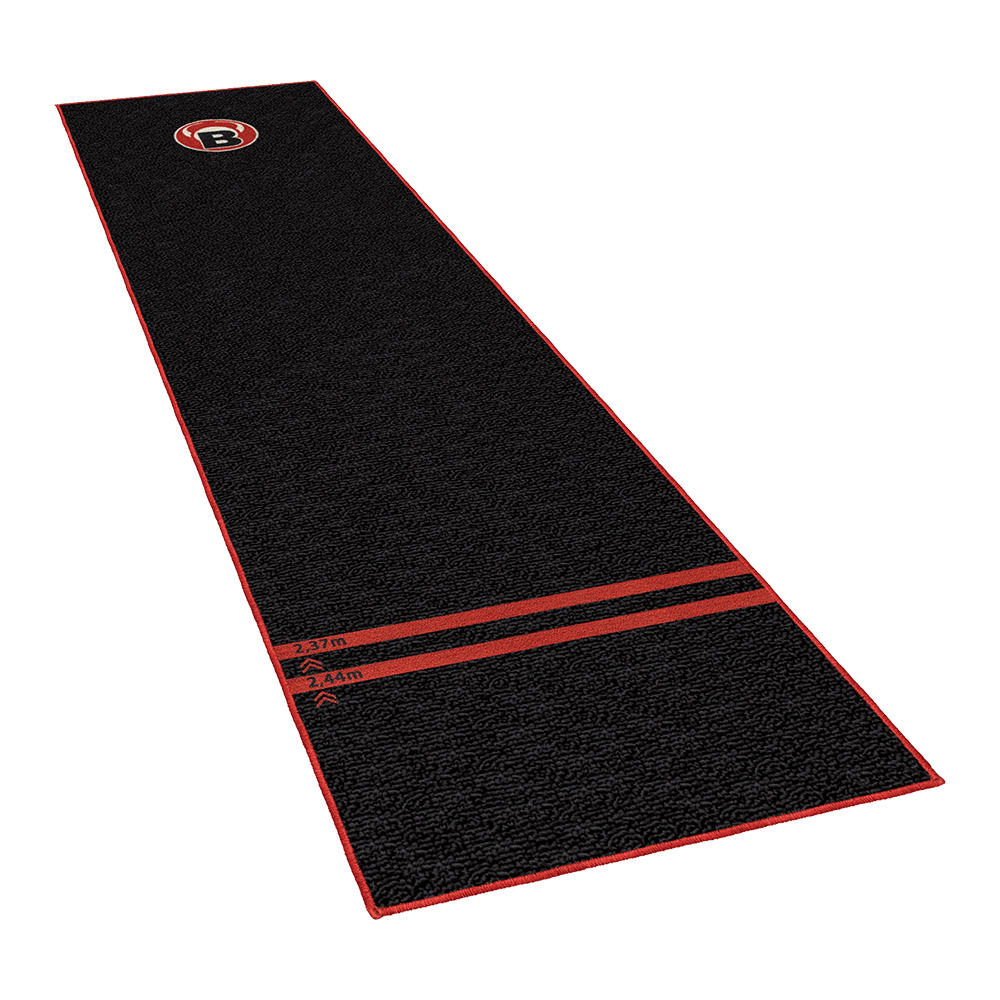 67805_Bulls_Carpet-Mat_Teppich_170_Black_1 Dies ist der Bulls Carpet-Mat Teppich 170 in Schwarz. Der Teppich hat rote Umrandungen und Markierungen bei 2,37 m und 2,44 m.