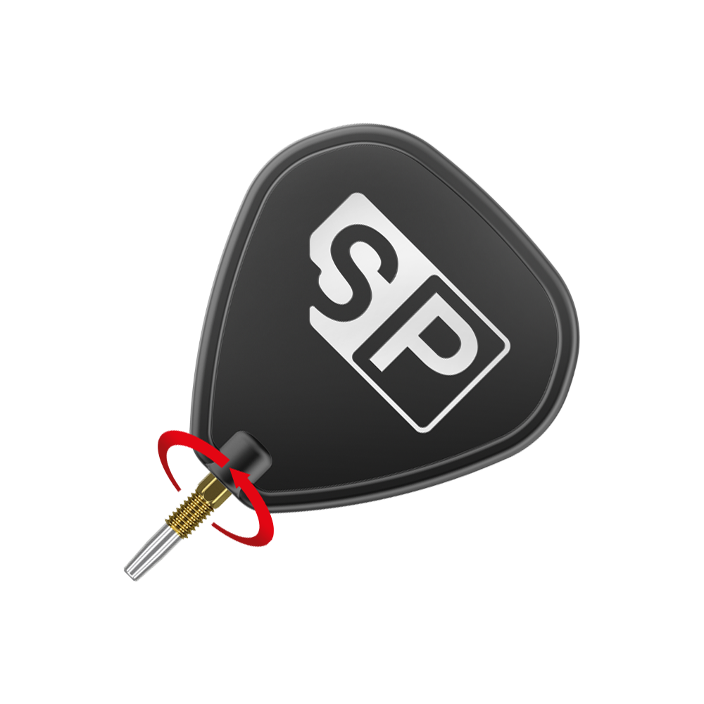Target Swiss Point Nano Dart Tips - Oro Das Bild zeigt eine schwarze Dart-Flight mit der weißen Aufschrift "SP". Unten ist eine goldfarbene Dartspitze mit silberner Spitze zu sehen.