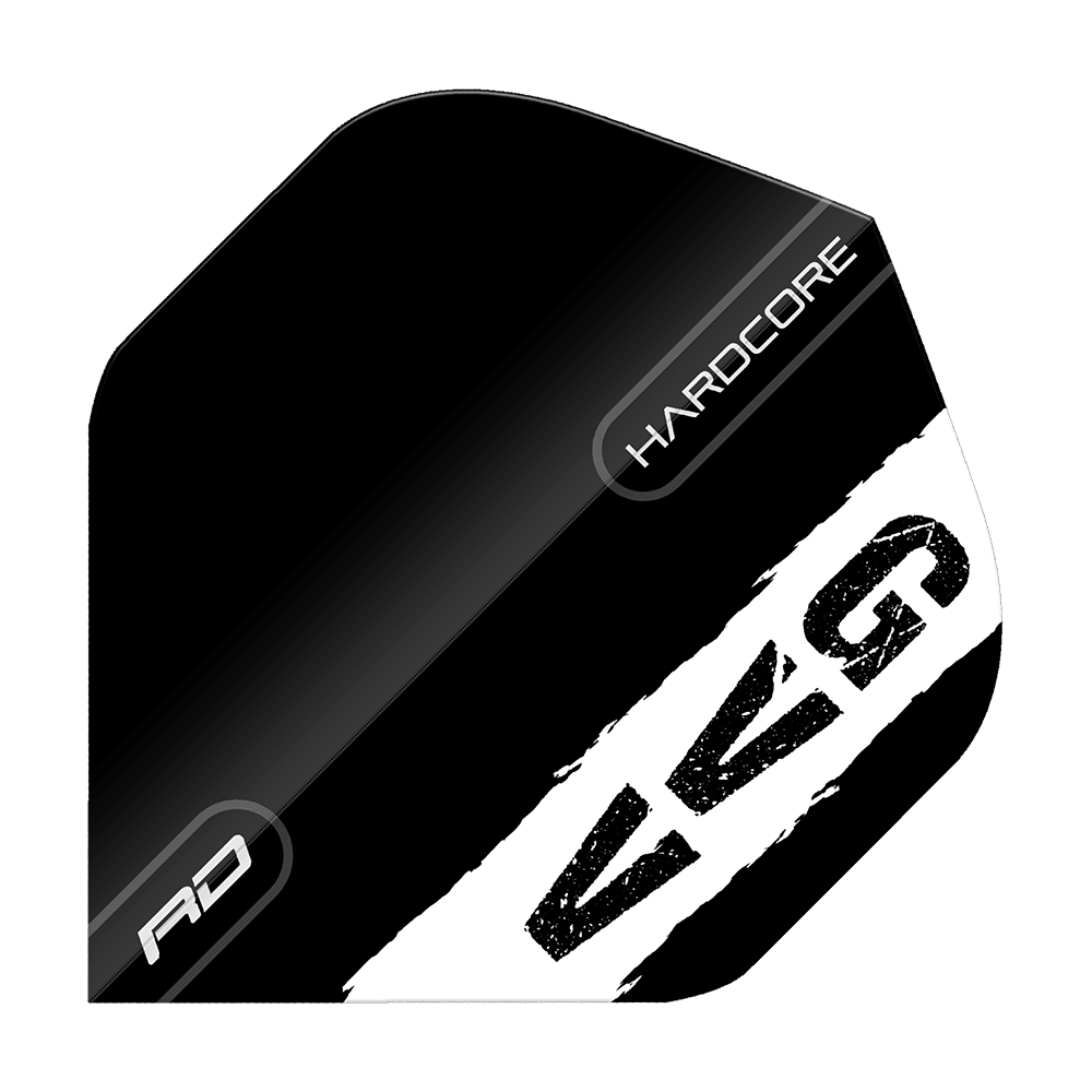 Voli standard con logo nero Red Dragon Hardcore Gian Van Veen Das Bild zeigt ein schwarzes Dart-Flight mit weißen und grauen Akzenten. Auf dem Flight stehen die Wörter "HARDCORE", "RD" und die Buchstaben "GVG".