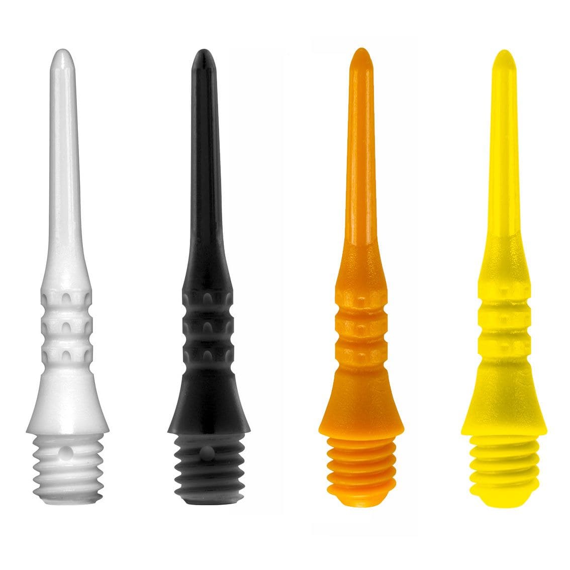 109200ff59c25677263da Das Bild zeigt vier verschiedene Dartspitzen in den Farben Weiß, Schwarz, Orange und Gelb. Es handelt sich um das Produkt "Target Pixel Tip (50er Pack) - Spitzen".