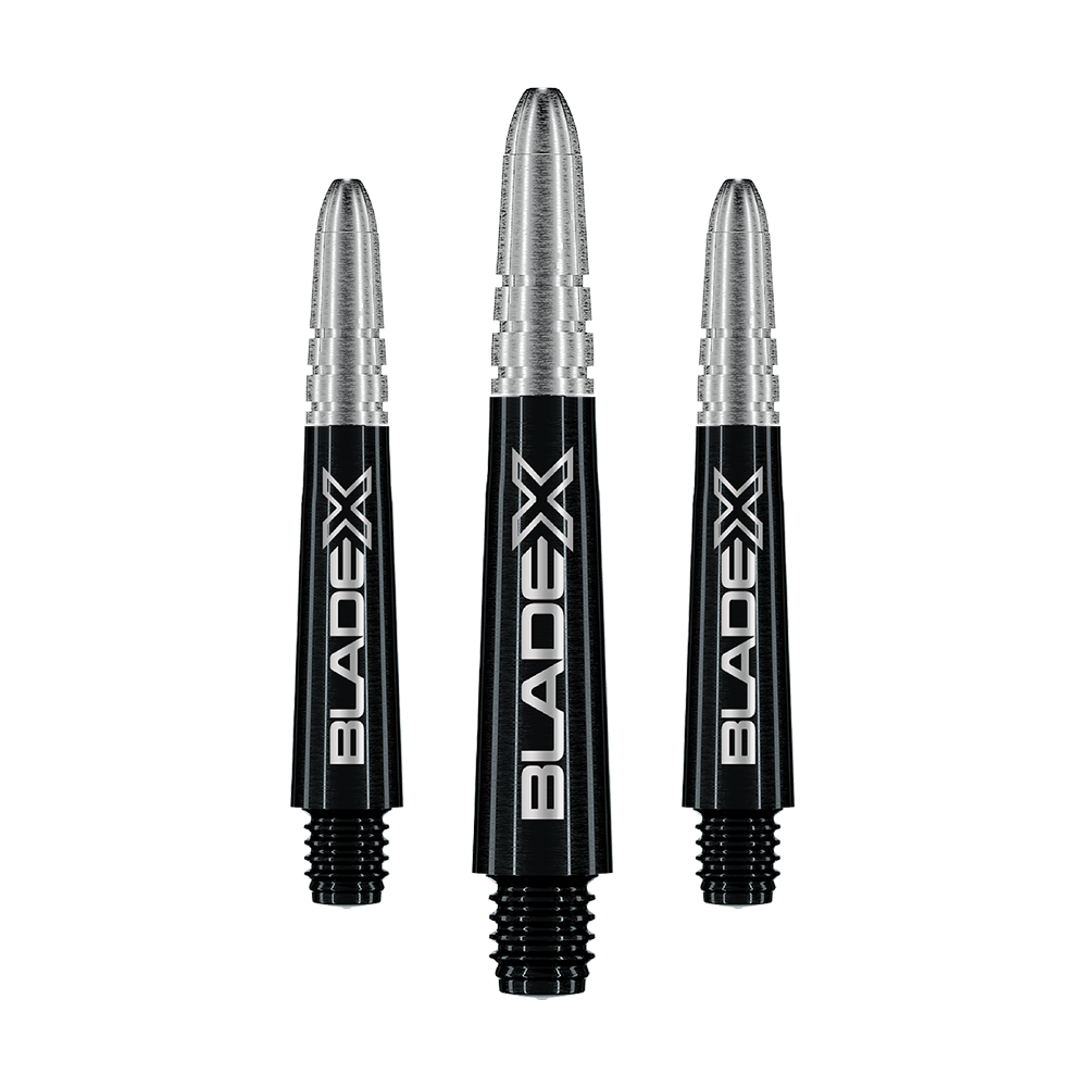 Winmau Vecta Blade X Shafts - Nero Gezeigt wird ein Set schwarzer Dartshafts mit der Bezeichnung Winmau Vecta Blade X, 34 mm. Das Set ist für Dartspieler geeignet.