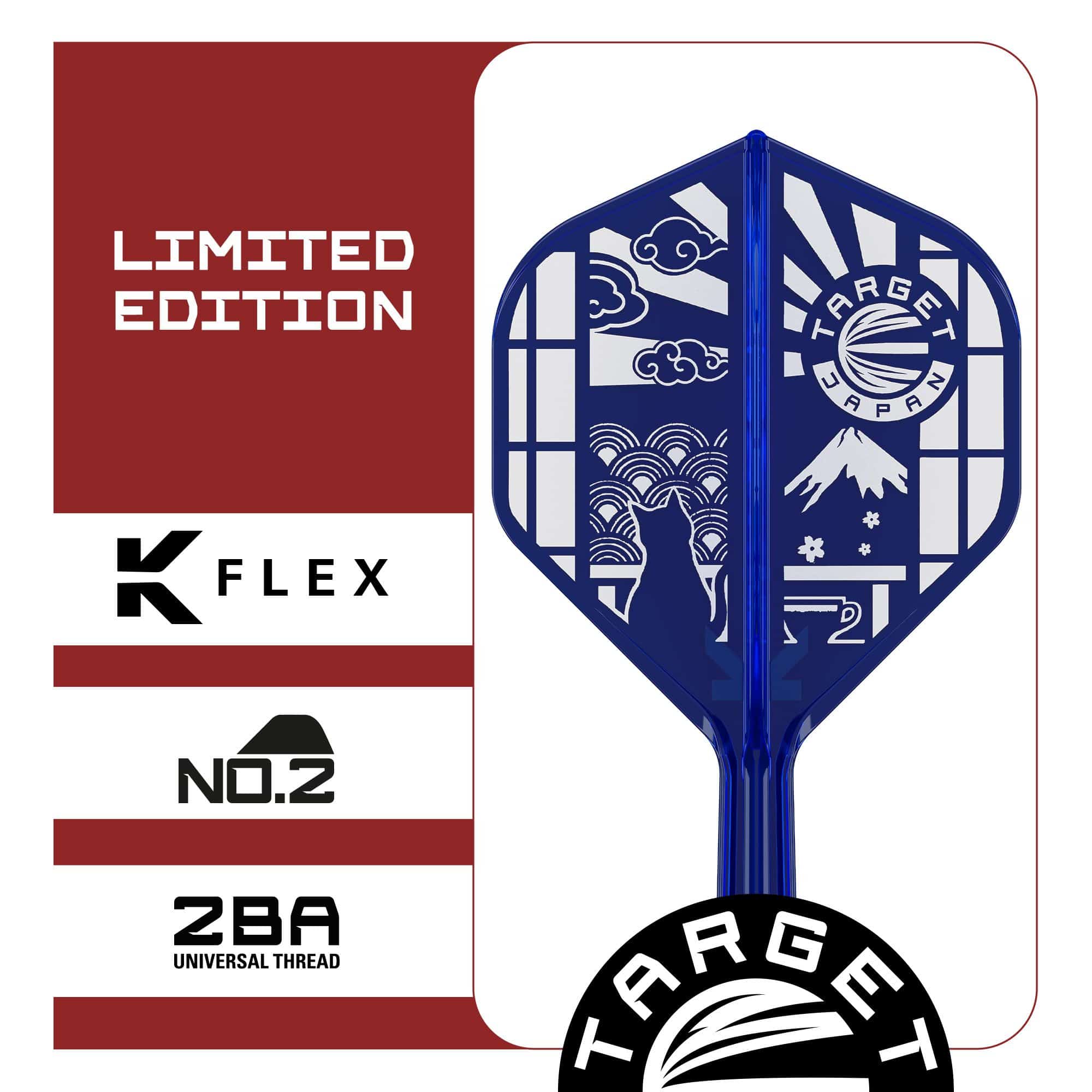 Target Japan K-Flex Blue Limited No2 Voli Standard Dieses Bild zeigt die Target Japan K-Flex Blue Limited No2 Standard Flights. Die Flights sind in blauer Farbe gestaltet.