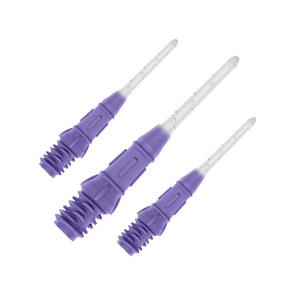 L-Style Premium Two Tone Lippoints (confezione da 30) Das Bild zeigt drei lilafarbene Dartspitzen, die nebeneinander angeordnet sind. Die Spitzen haben einen Farbverlauf von Lila zu Weiß.