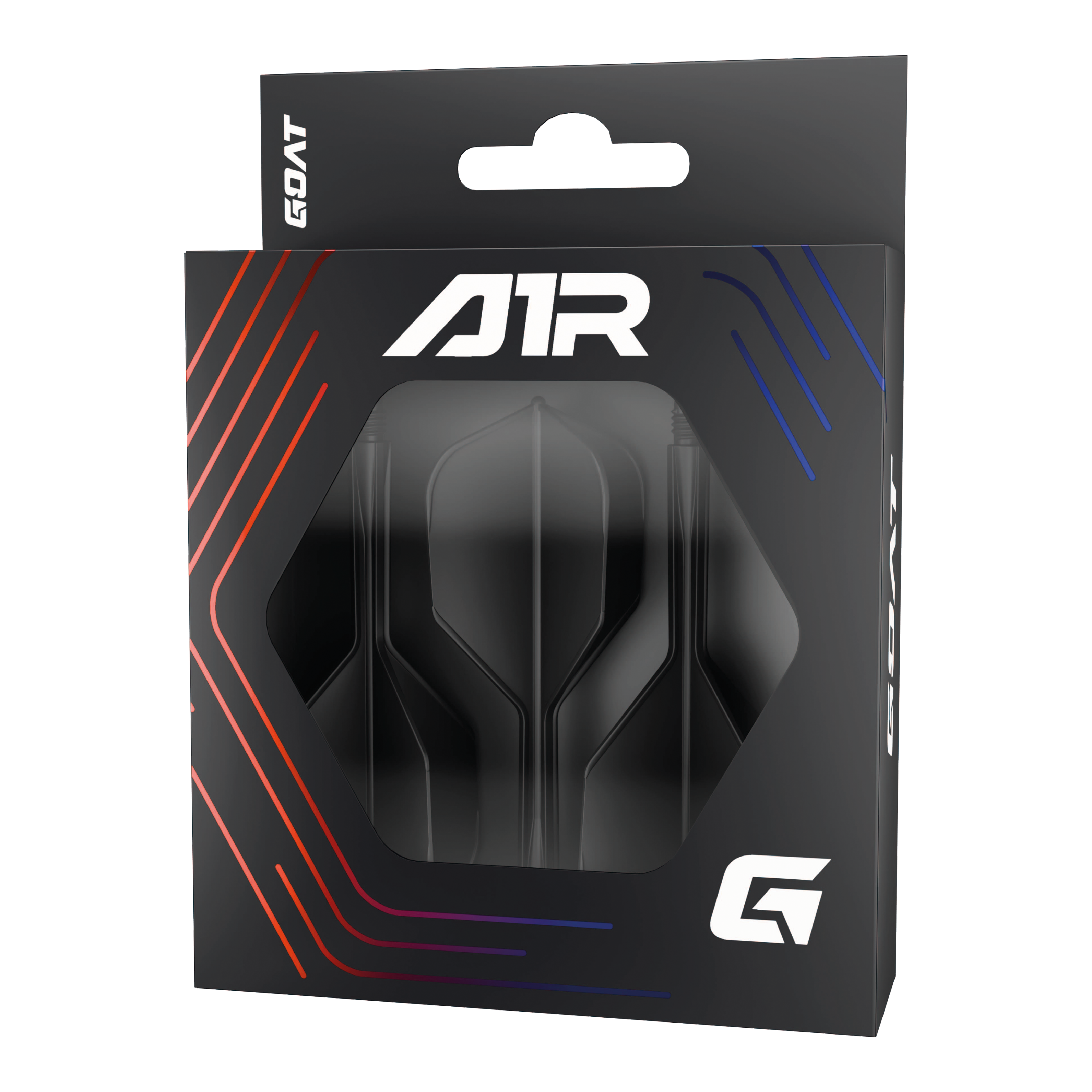 Sistema di alberi di volo GOAT A1R No6 - Nero Die Abbildung zeigt die Verpackung des Produkts „GOAT A1R No6 Flight-Shaft-System - Schwarz“. In der schwarzen Schachtel sind Flights und Shafts für Dartpfeile sichtbar.