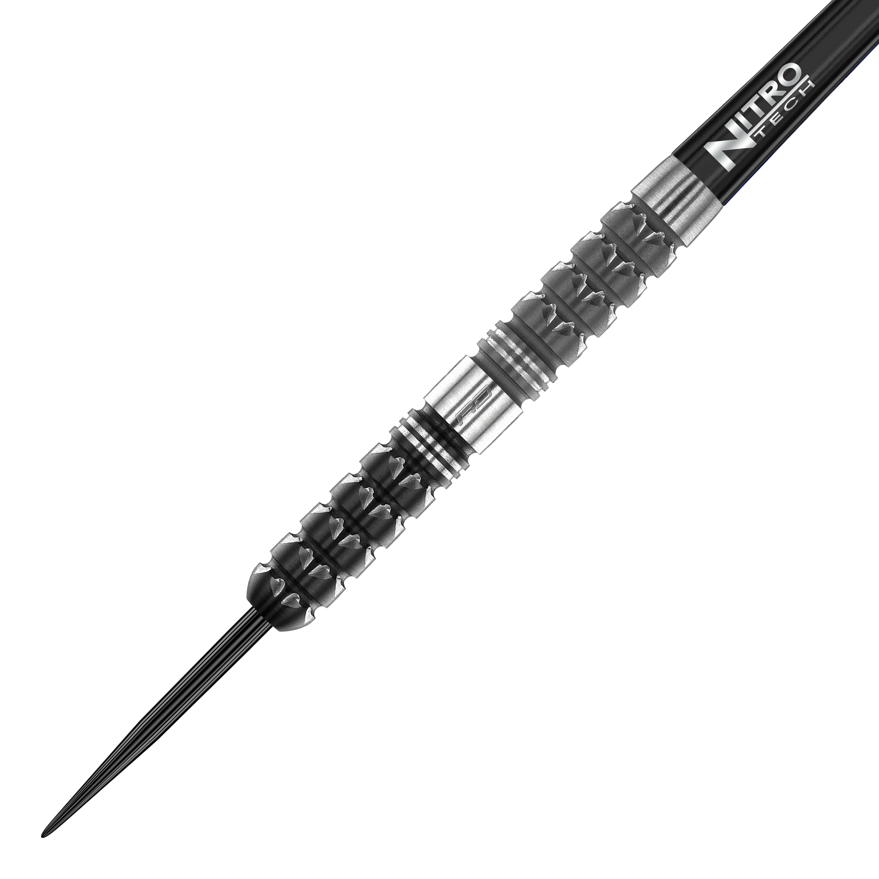 Freccette in acciaio coniche Paradym Red Dragon Auf dem Bild ist ein Red Dragon Paradym Tapered Steeldart zu sehen. Der Dart hat ein schwarz-silbernes, strukturiertes Griffstück und eine spitze Metallspitze.