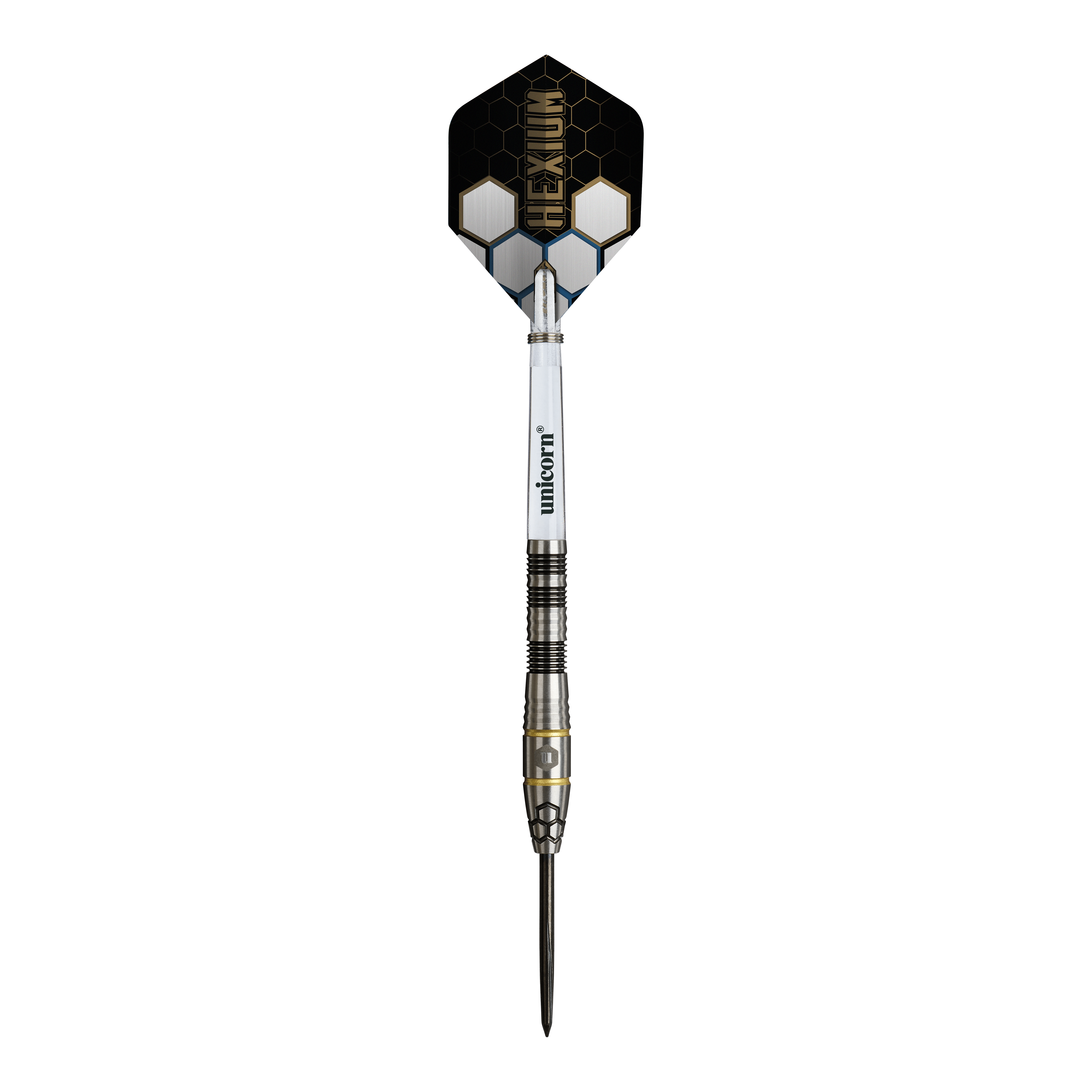 Freccette in acciaio Unicorn Hexium Style 01 nere e oro Dieses Bild zeigt die Unicorn Hexium Style 01 Black & Gold Steeldarts. Die Steeldarts sind in den Farben Schwarz und Gold gestaltet.