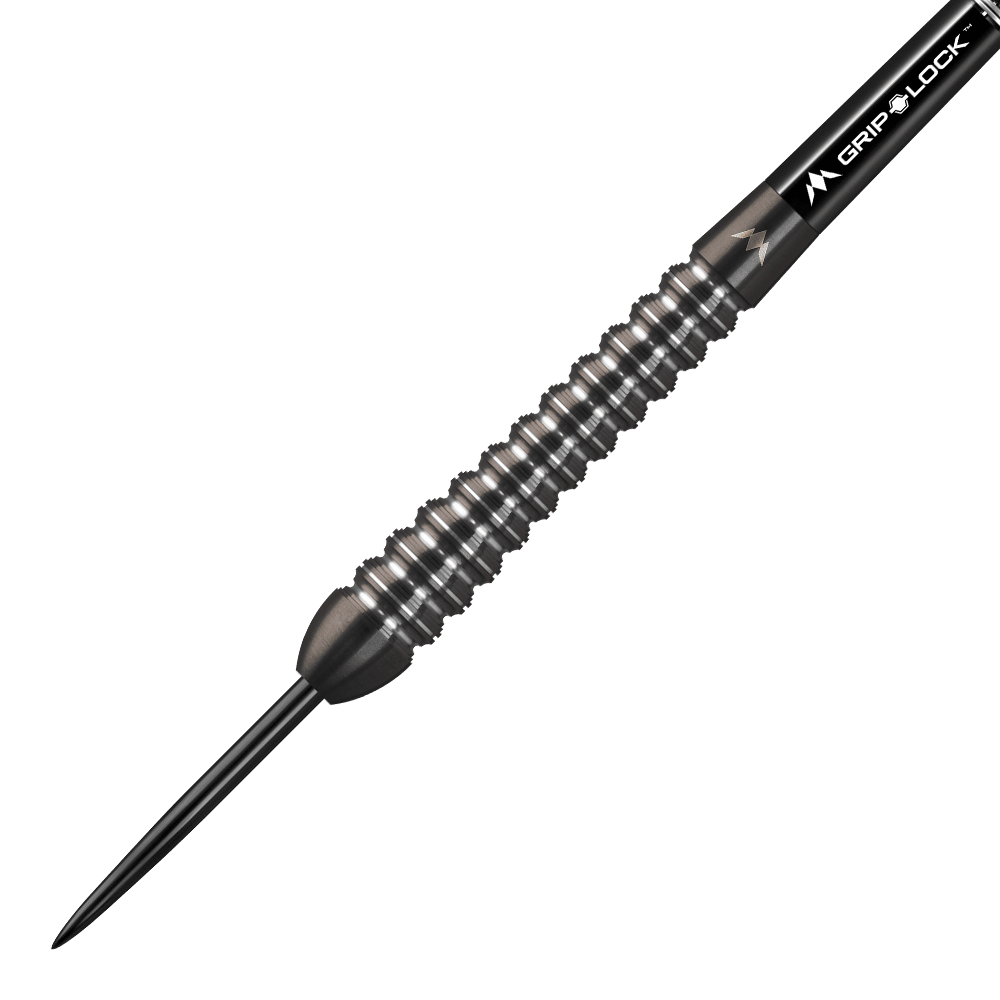 Freccette in acciaio Mission Spiro modello 2 - 22 g Dies ist ein Mission Spiro Model 2 Steeldart mit einem Gewicht von 22 Gramm. Der Dart hat ein silbernes, gerilltes Barrel und eine schwarze Grip-Lock-Schäfte.