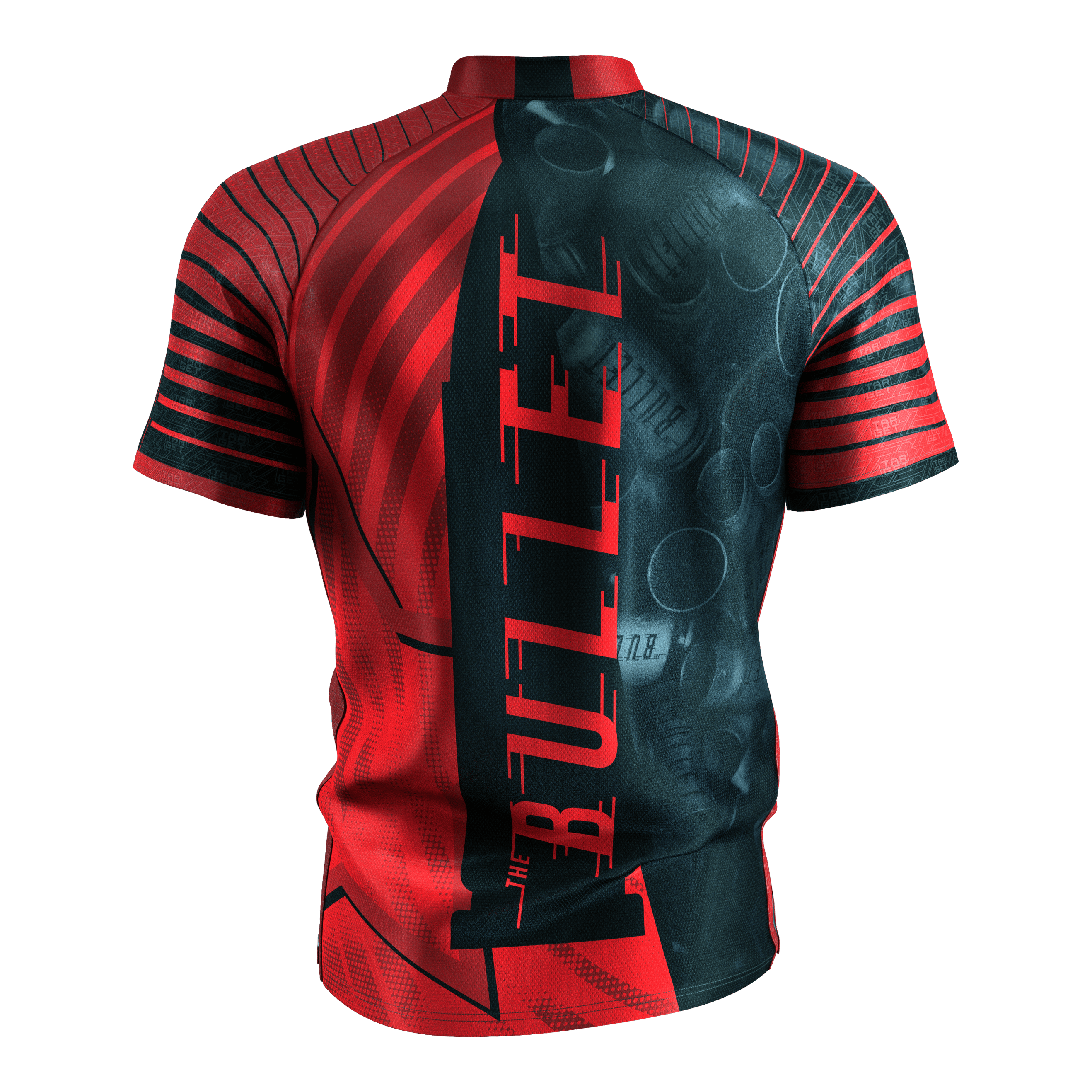 Maglietta da freccette Target Coolplay Stephen Bunting 2025 Das Bild zeigt das "Target Coolplay Stephen Bunting 2025 Dartshirt" von hinten. Das Shirt ist überwiegend rot und schwarz und trägt den Schriftzug "THE BULLET" auf dem Rücken.