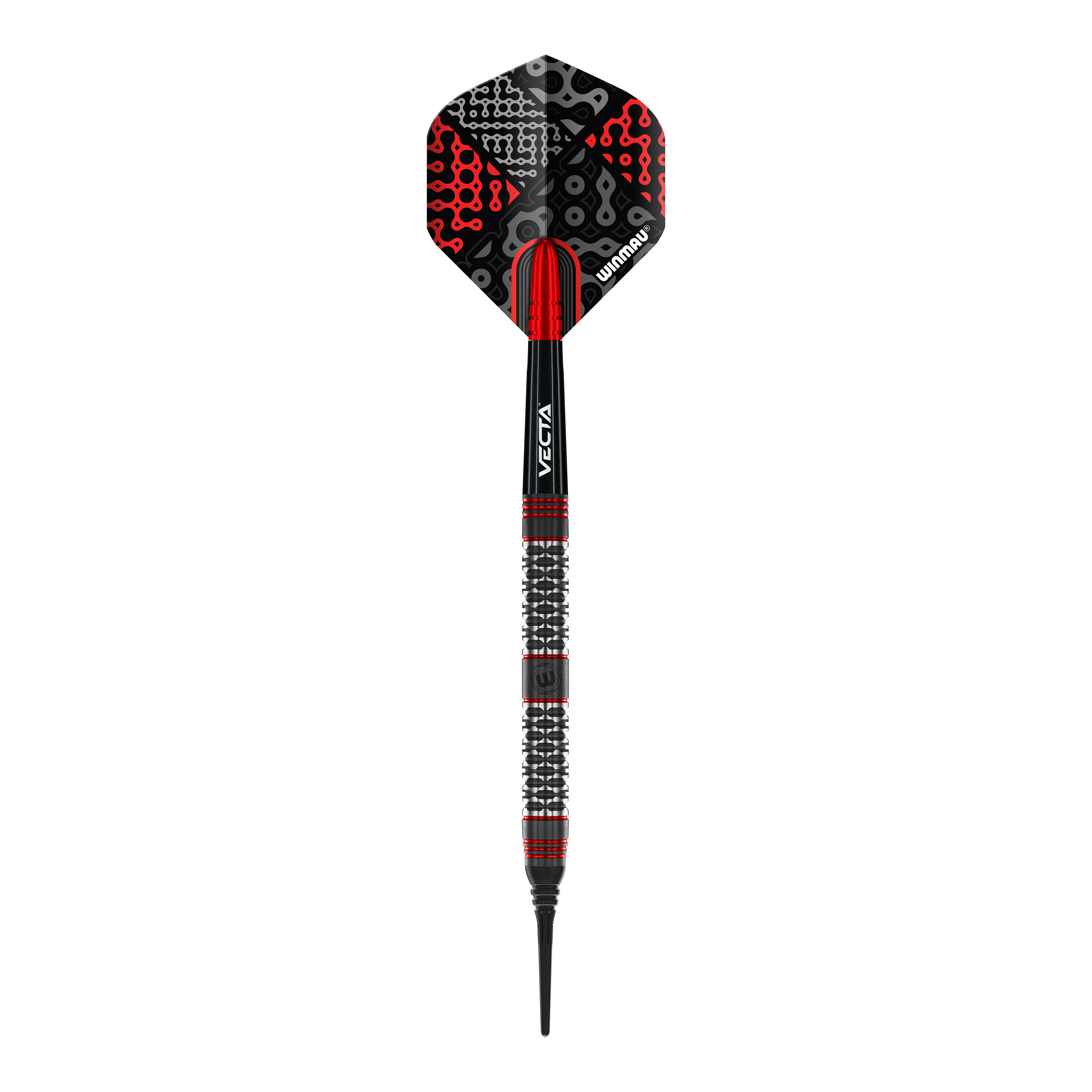 Freccette morbide Winmau Cypher - 20 g Das Bild zeigt einen Winmau Cypher Softdart mit einem Gewicht von 20 Gramm. Der Dart hat ein modernes Design in Schwarz, Rot und Silber.