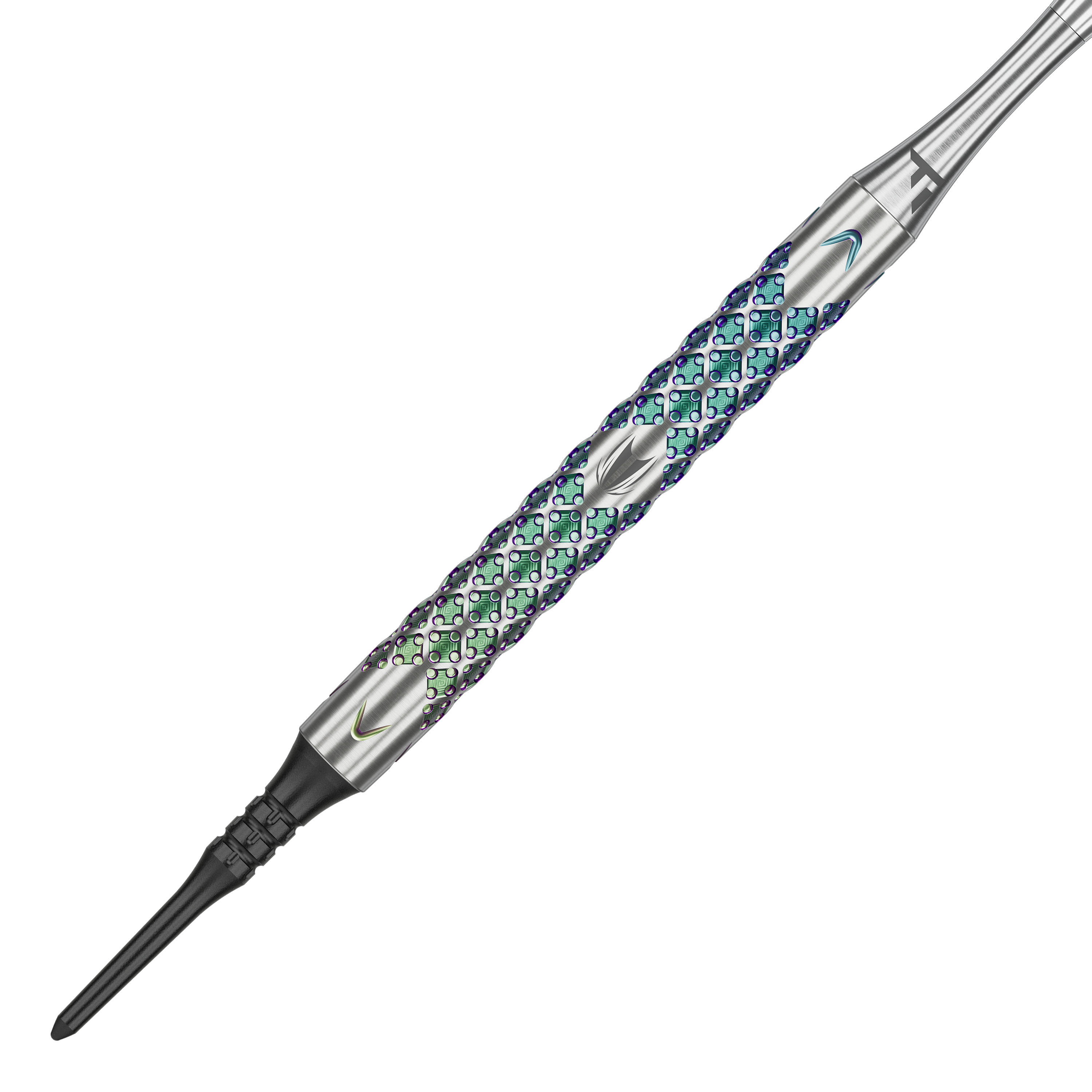 Target Rove 10 freccette morbide Das Bild zeigt einen Target Rove 10 Softdart mit einem metallischen, bunt schimmernden Griff. Das Design weist eine strukturierte Oberfläche mit feinen Mustern auf.