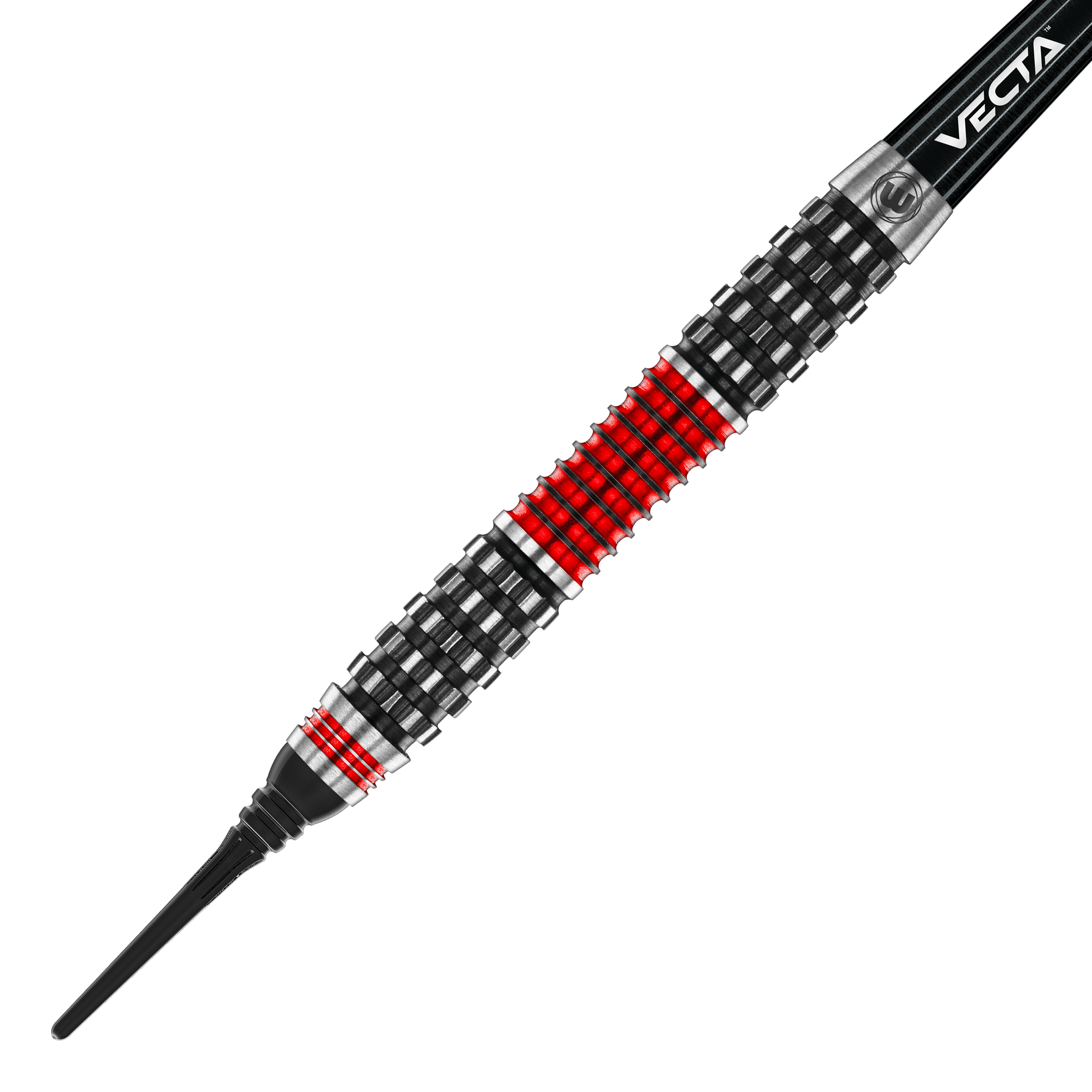 Freccette morbide Winmau Joe Cullen Rockstar Series RS1 - 20 g Dies ist ein Softdart aus der Winmau Joe Cullen Rockstar Series RS1 mit einem Gewicht von 20g. Der Dart hat ein auffälliges Design mit schwarzen, silbernen und roten Ringen am Barrel.