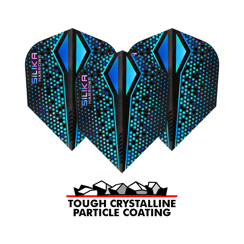 Harrows Silika Colorshift Rivestimento cristallino resistente Blue-X No6 Alette Das Bild zeigt drei blaue Harrows Silika Colourshift Tough Crystalline Coating Blue-X No6 Flights. Darunter steht der Schriftzug "Tough Crystalline Particle Coating" mit einer Grafik von Kristallteilchen.