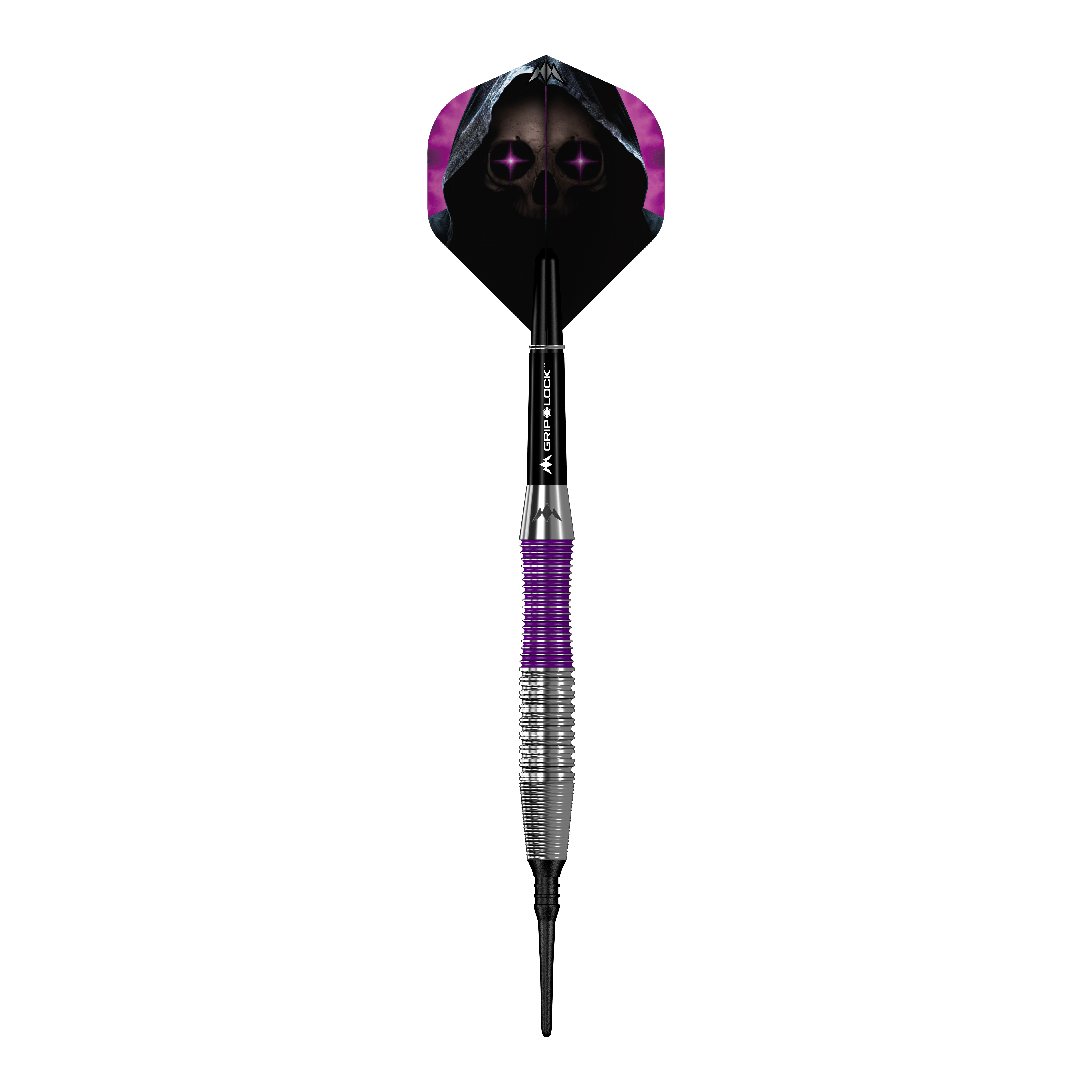Freccette morbide Mission Phantom Brass - 18 g Der Mission Phantom Brass Softdart - 18g hat ein markantes Design mit lila und silbernem Griff. Das Dartflight zeigt ein gruseliges Totenkopf-Motiv mit violetten Augen und Kapuze.