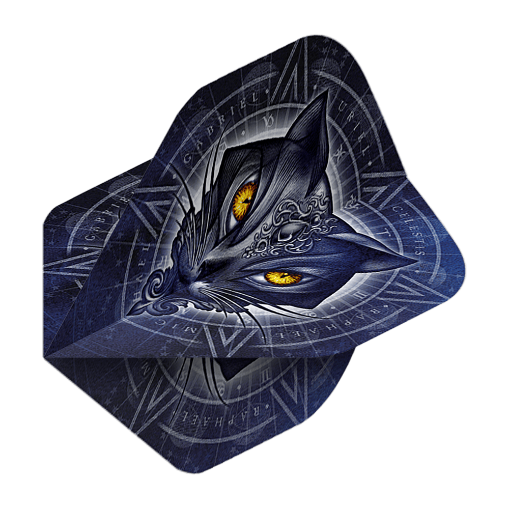 Alchemy Star Of Ailouros No2 Voli Standard Das Bild zeigt das Produkt „Alchemy Star Of Ailouros No2 Standard Flights“. Auf dem Flight ist ein dunkelblaues Katzenmotiv mit leuchtend gelben Augen und mystischen Symbolen abgebildet.