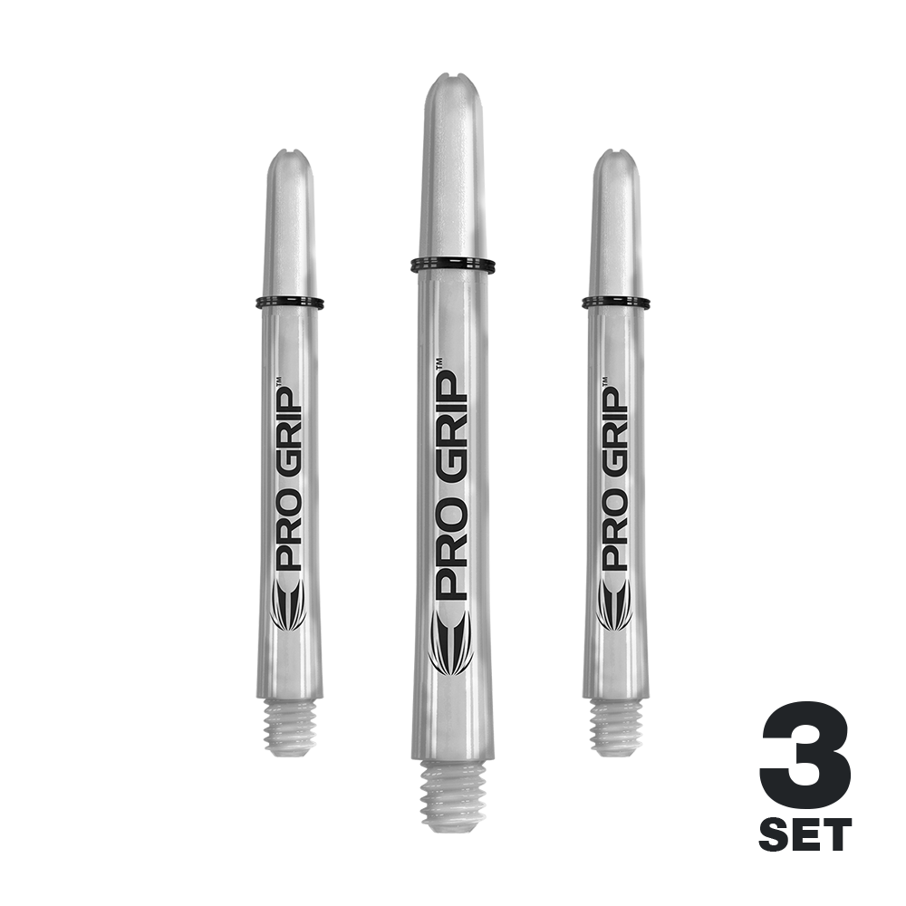 Das Bild zeigt drei transparente "Pro Grip" Shafts für Dartpfeile. In der rechten unteren Ecke steht "3 Set".