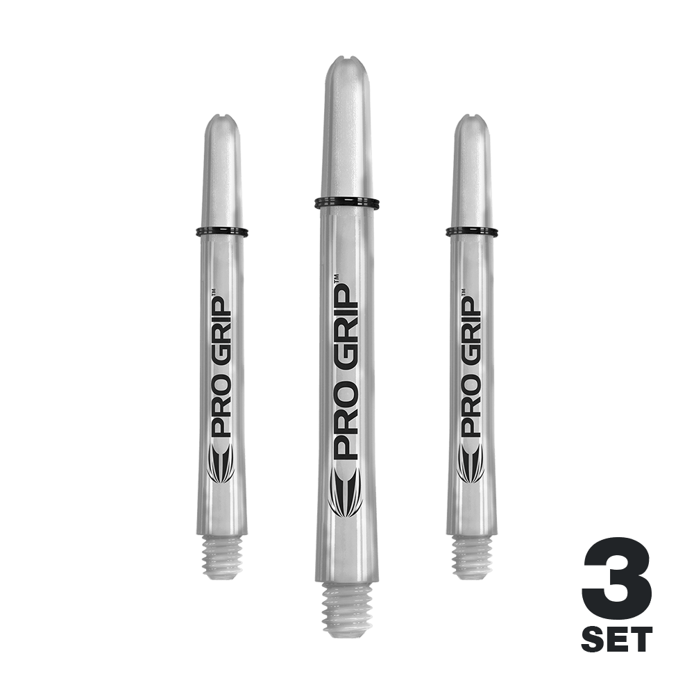 Target Pro Grip Shafts - 3 set - Trasparente Das Bild zeigt drei transparente "Pro Grip" Shafts für Dartpfeile. In der rechten unteren Ecke steht "3 Set".