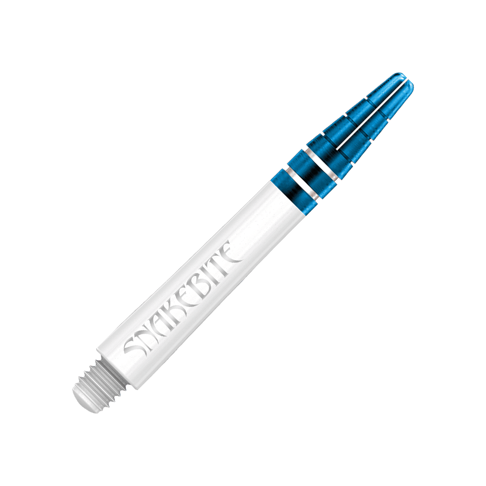 C802_Red_Dragon_Nitrotech_Peter_Wright_White_Blue_Shafts_39mm_2 Das Bild zeigt einen Red Dragon Nitrotech Peter Wright Blue Shaft mit einer Länge von 39 mm. Der Schaft ist weiß mit blauen Metallringen und trägt die Aufschrift "SNAKEBITE".