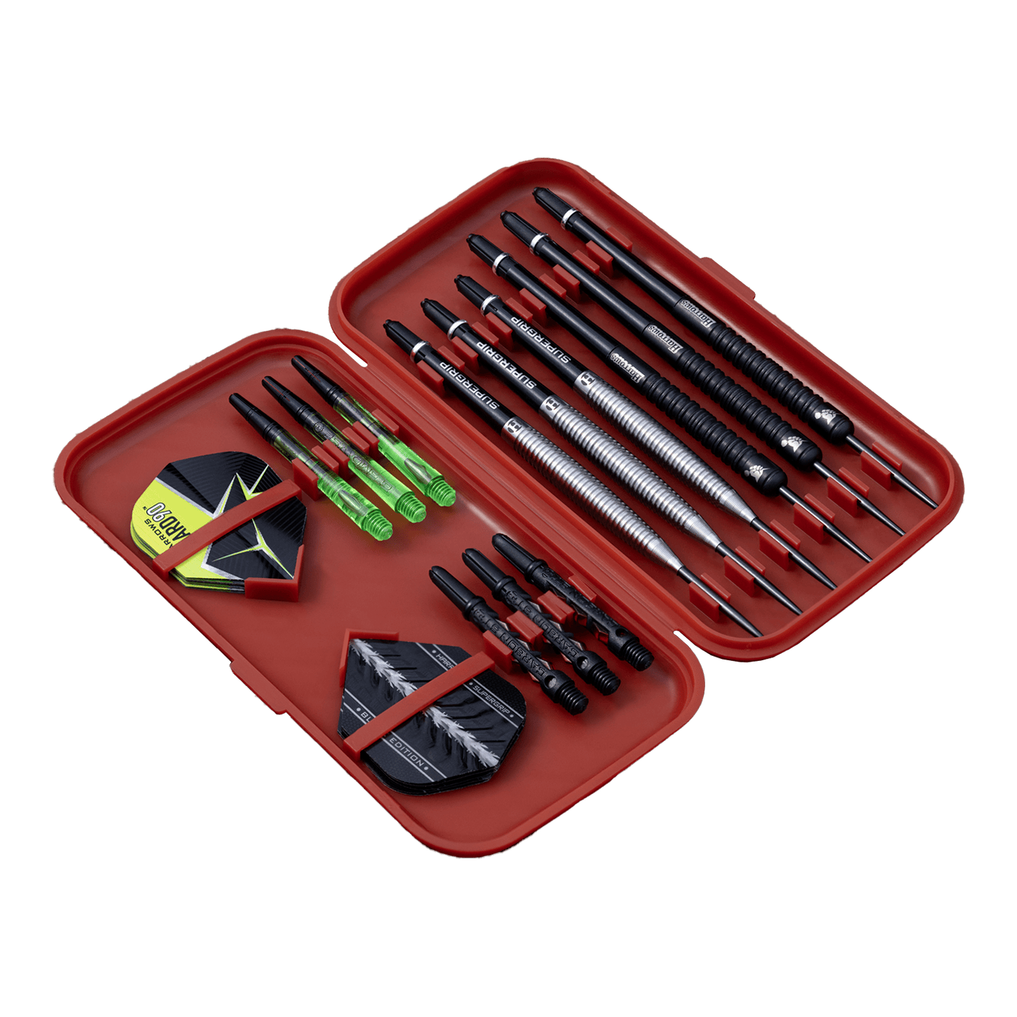 Custodia per freccette Harrows Slimcase Das Bild zeigt ein rotes Dart-Etui, das verschiedene Darts und Zubehör enthält. Im Etui sind mehrere Dartpfeile, Flights und Ersatzteile ordentlich angeordnet.