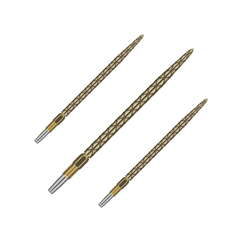 Punte per freccette Target Swiss Diamond Pro Gold Das Bild zeigt drei goldfarbene Dartspitzen mit einem diamantähnlichen Muster. Die Spitzen sind schlank und haben eine silberne Befestigung am unteren Ende.